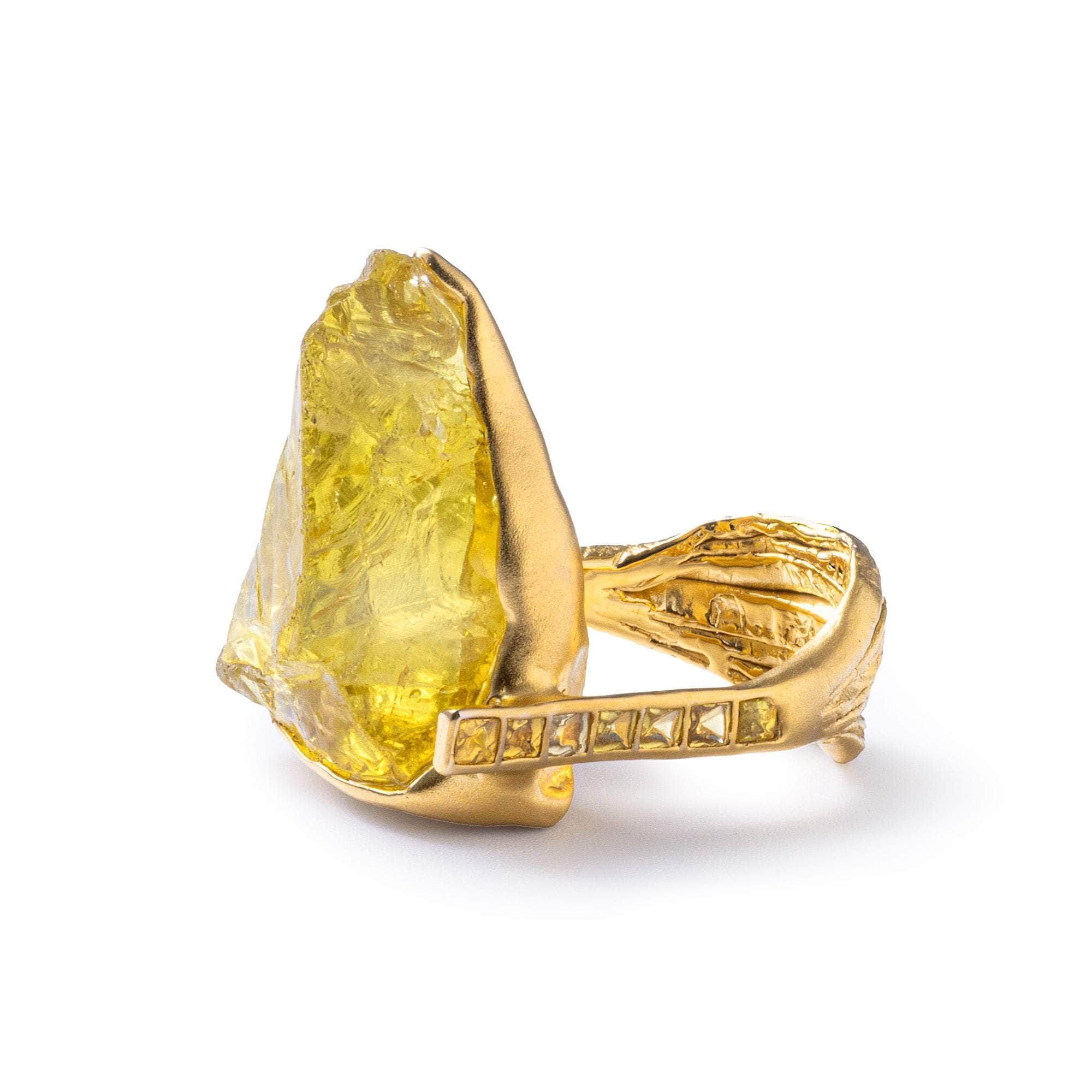 Kaitos Singular Design Gold-Plated Silver Ring with Rough Lemon Quartz & Sapphire