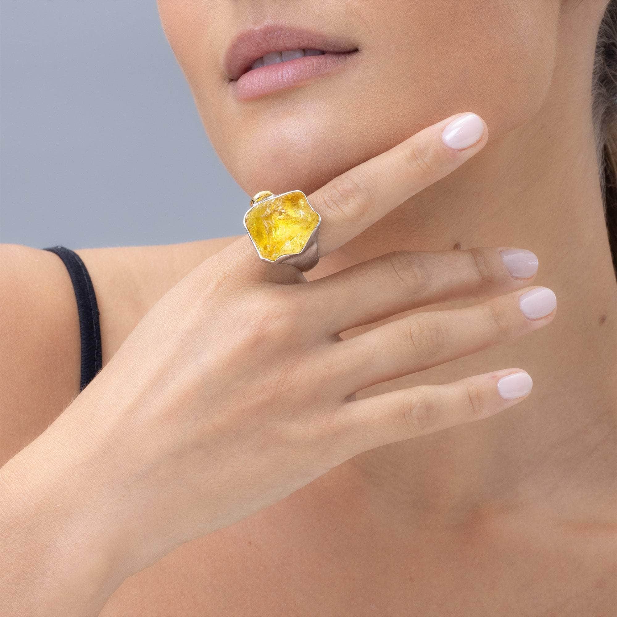Furud Singular Edition Statement Ring with Rough Lemon Quartz and Tourmaline in Sterling Silver