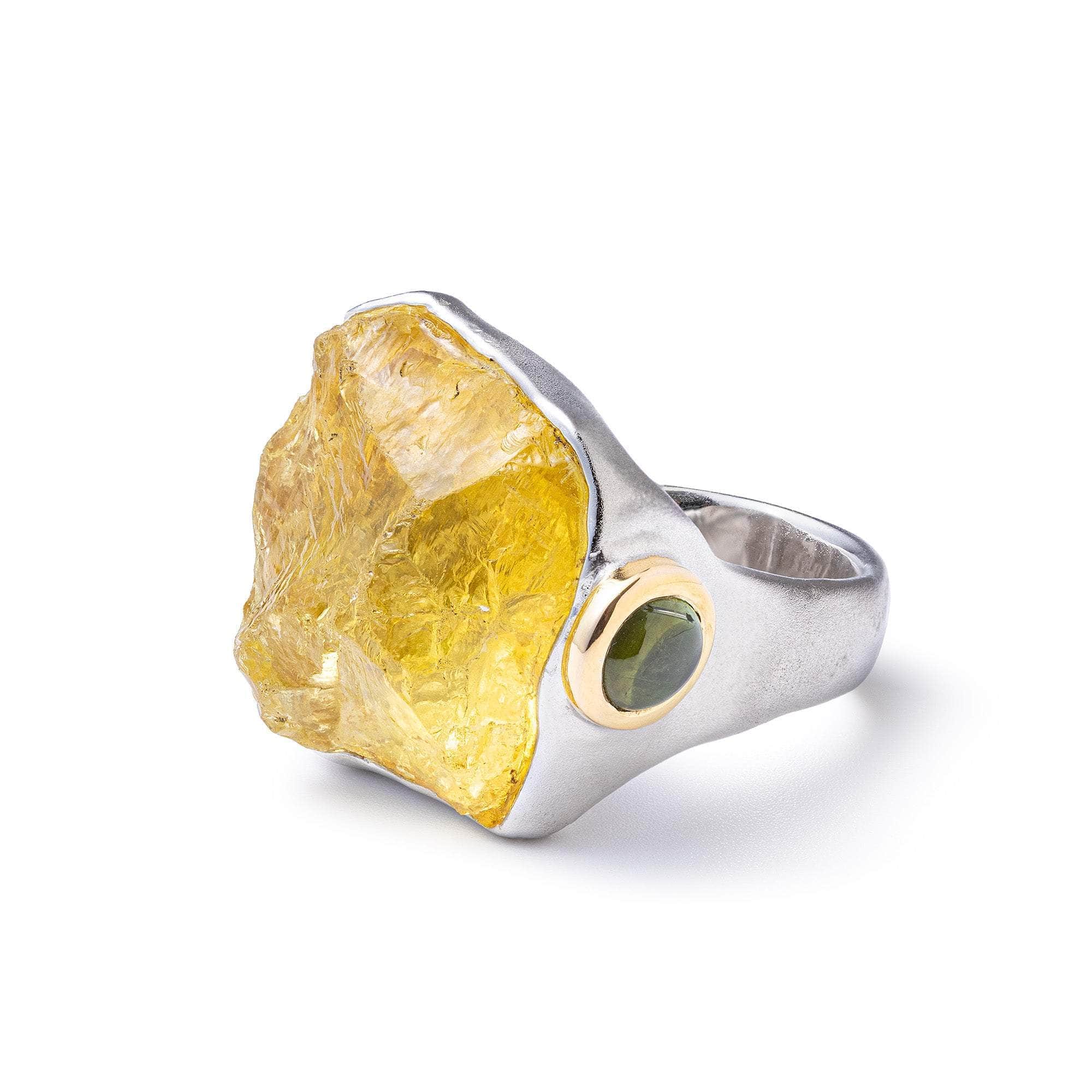 Furud Singular Edition Statement Ring with Rough Lemon Quartz and Tourmaline in Sterling Silver