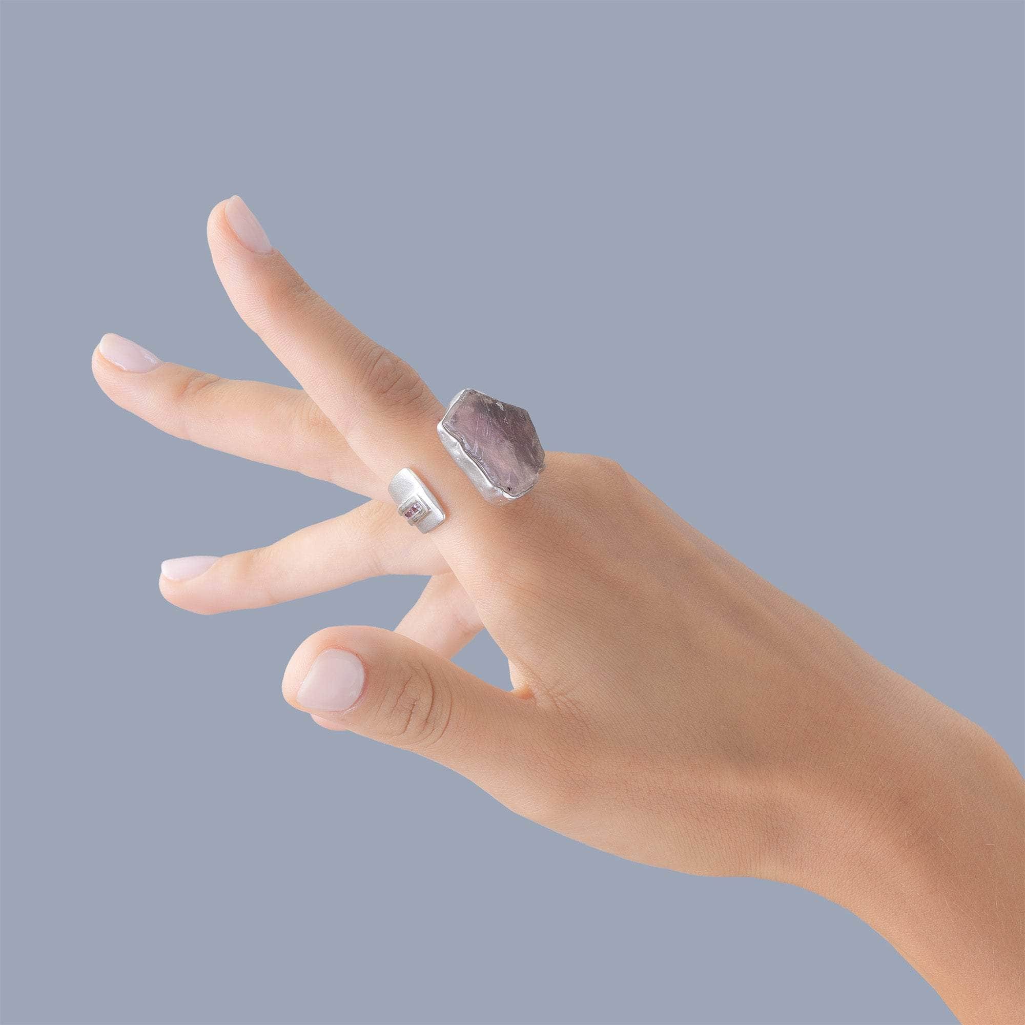 Chara Rough Rose Quartz and Sapphire Ring