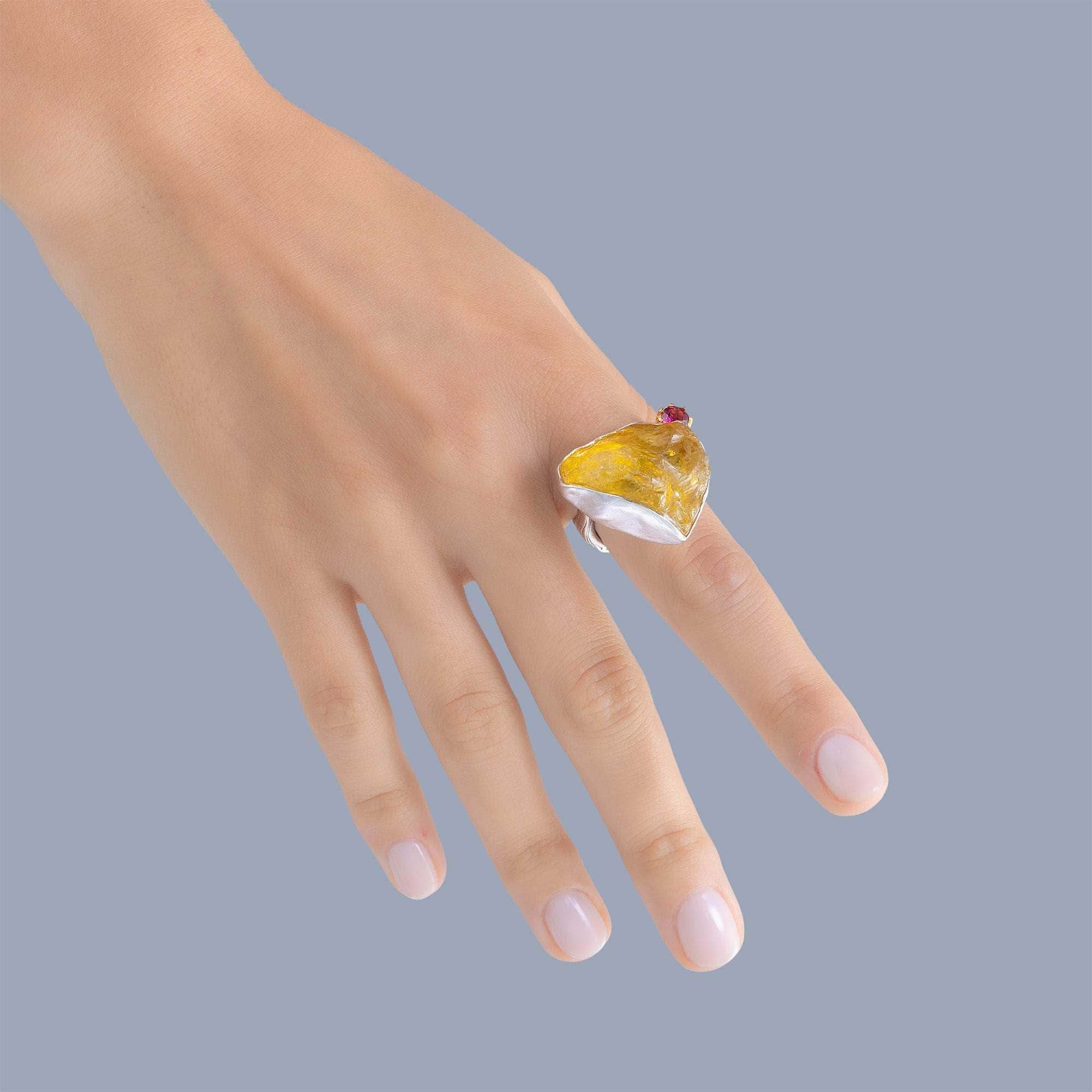 Muscida Rough Lemon Quartz and Rhodolite Ring