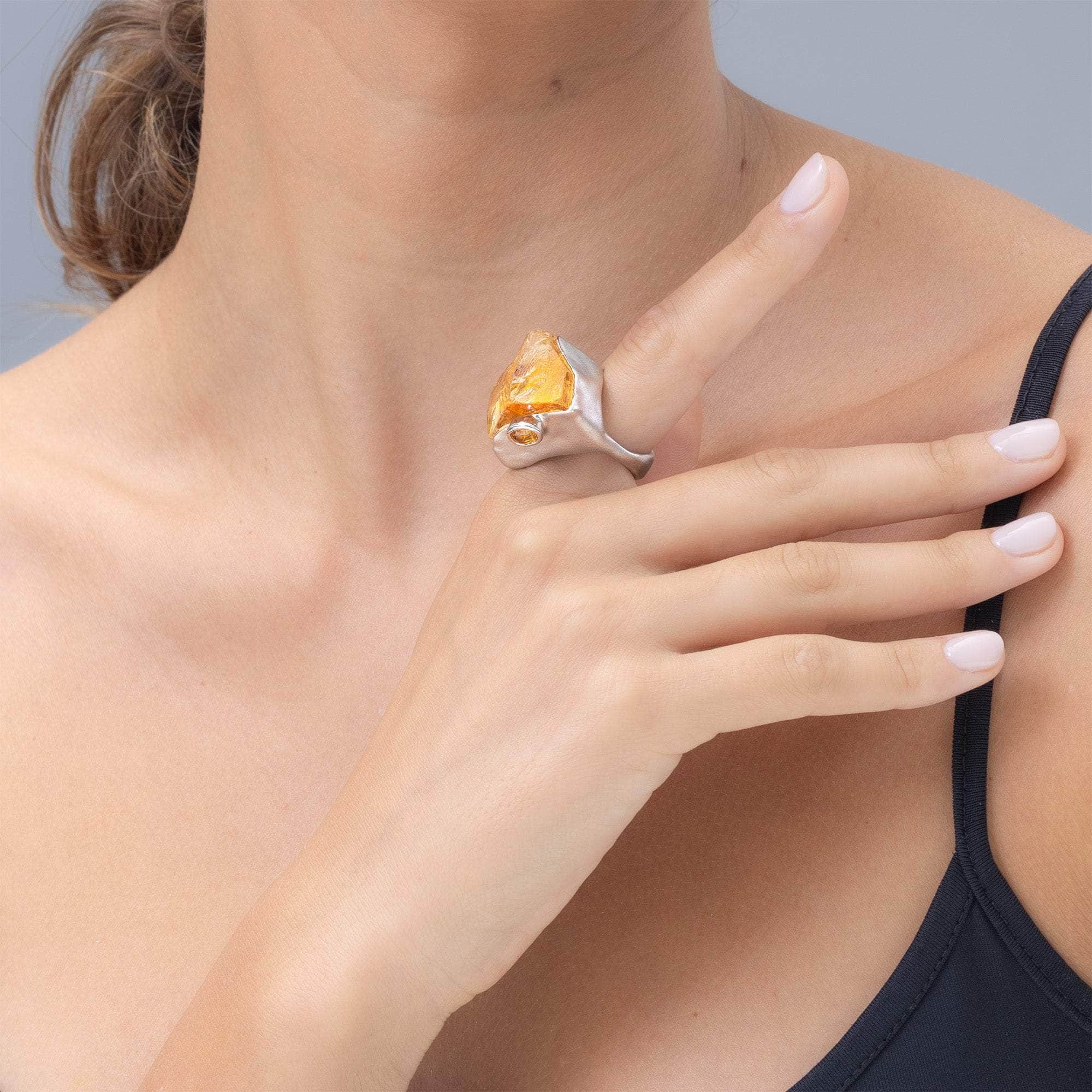 Saiph Singular Edition Statement Ring with Rough Citrine and Sapphire in 925 Silver