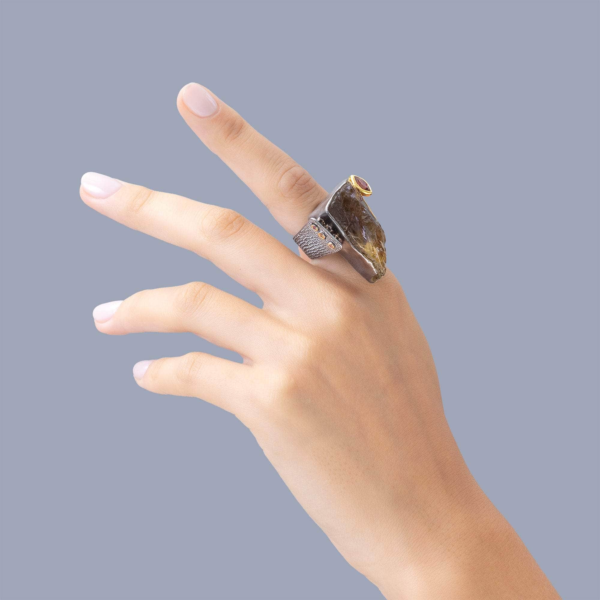 Zaniah Singular Edition Silver Ring with Rough Citrine & Rhodolite