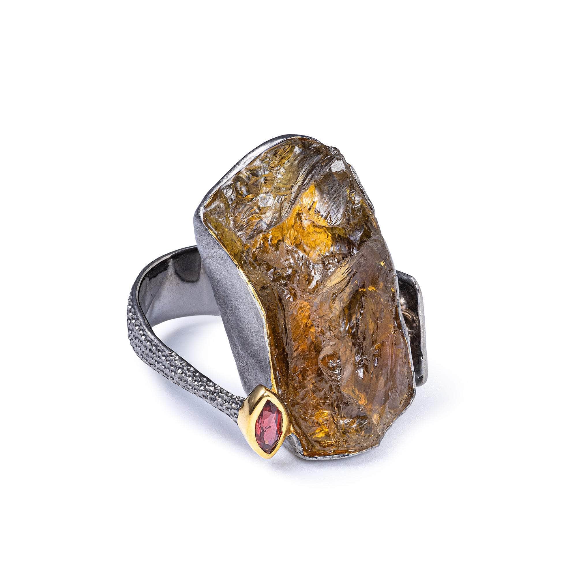 Zaniah Singular Edition Silver Ring with Rough Citrine & Rhodolite