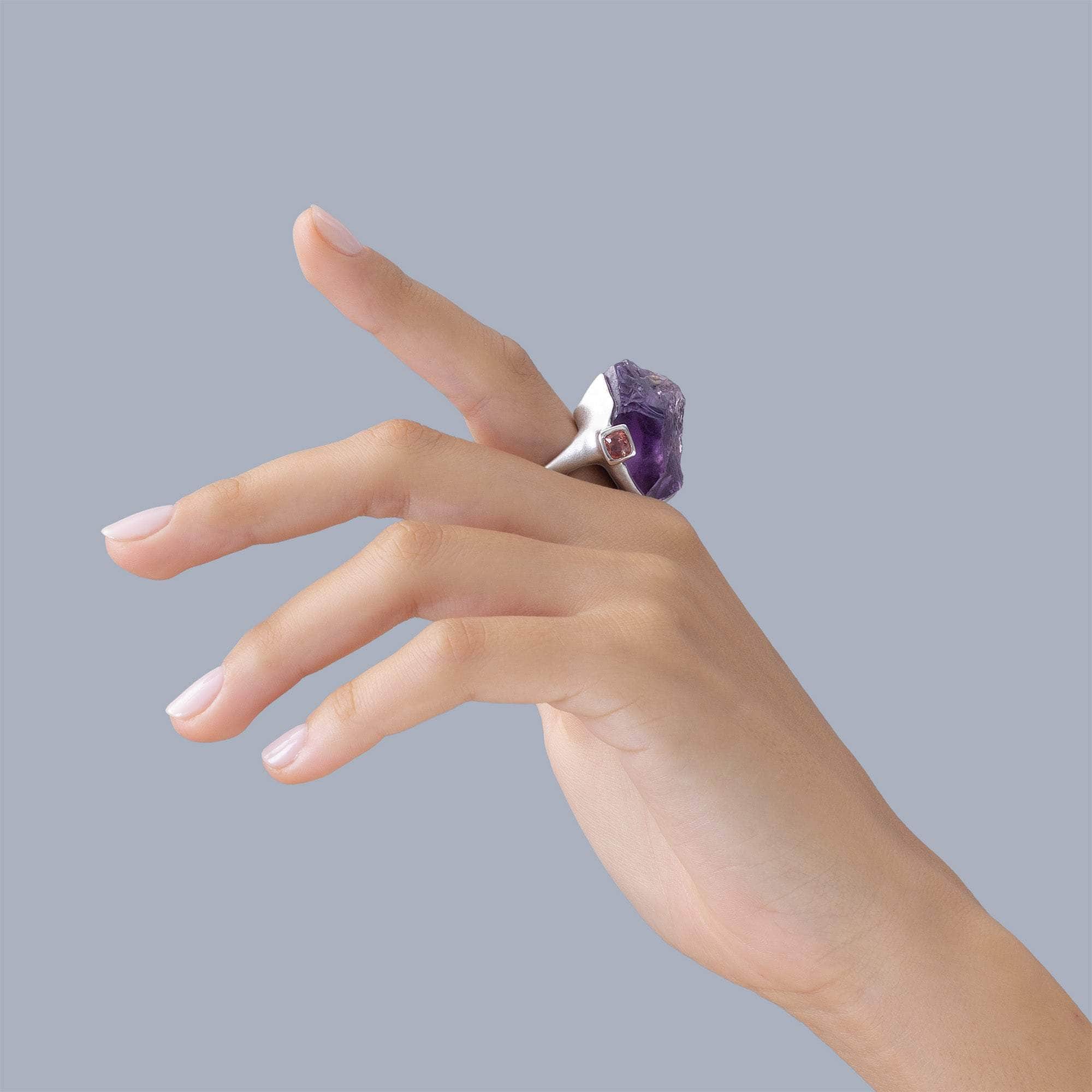 Sargas Singular Edition Designer Silver Ring with Rough Amethyst & Pink Spinel