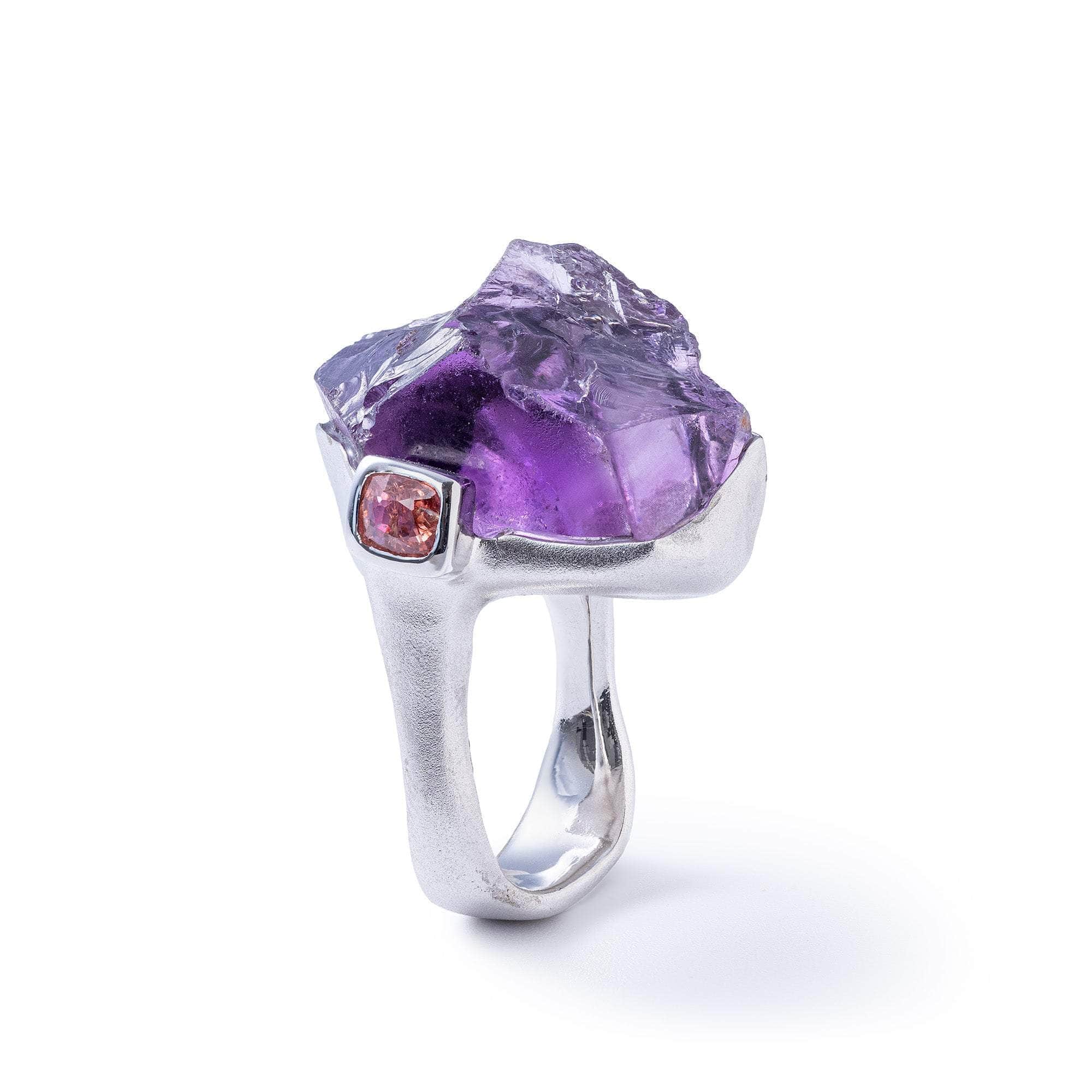 Sargas Singular Edition Designer Silver Ring with Rough Amethyst & Pink Spinel