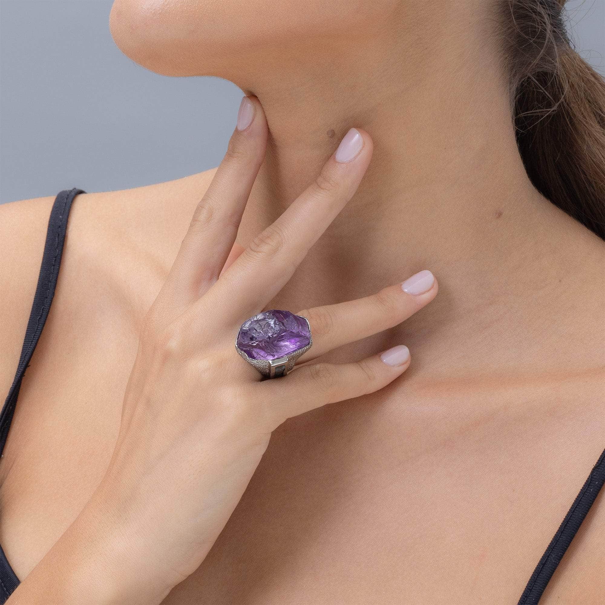 Denebola Statement 925 Silver Ring with Natural Rough Amethyst & Blue Sapphire