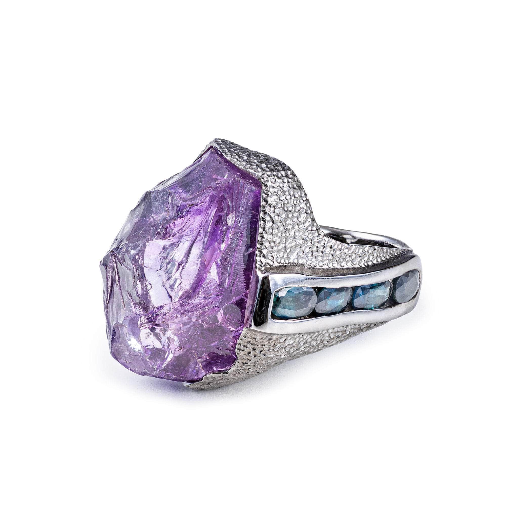 Denebola Statement 925 Silver Ring with Natural Rough Amethyst & Blue Sapphire