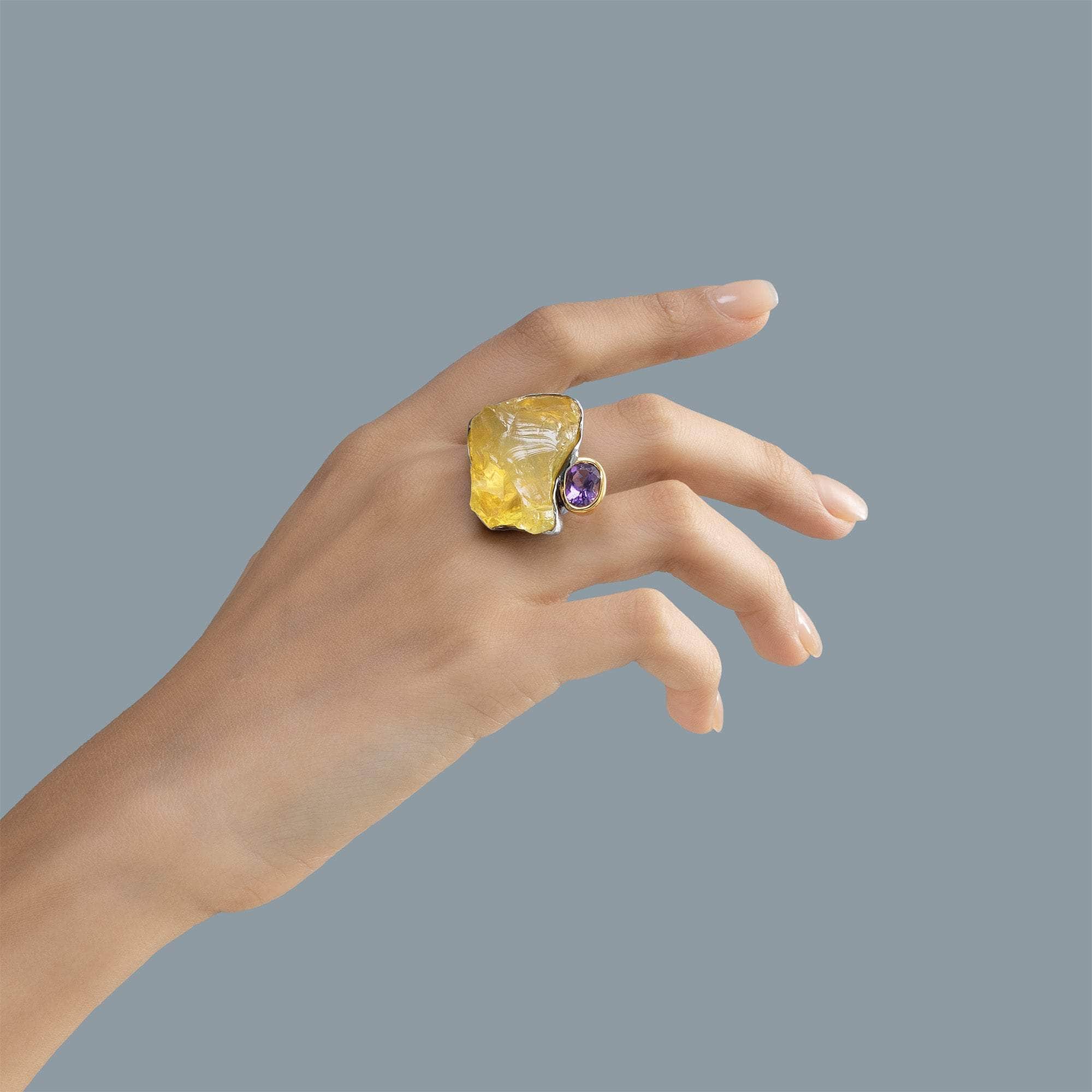 Mimosa Singular Statement Ring with Natural Raw Lemon Quartz & Oval Amethyst