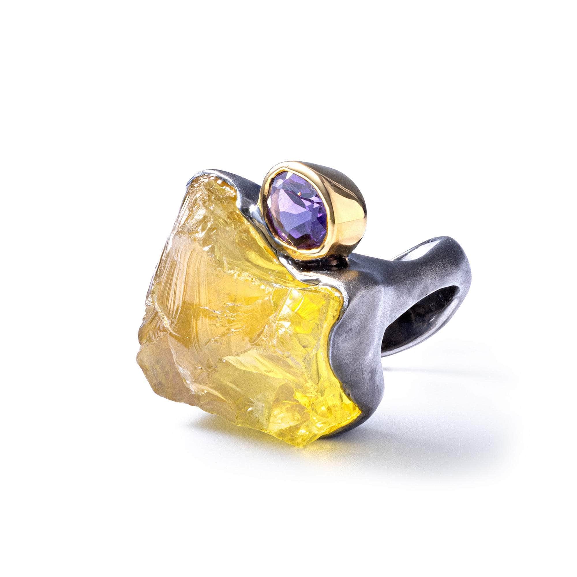 Mimosa Singular Statement Ring with Natural Raw Lemon Quartz & Oval Amethyst