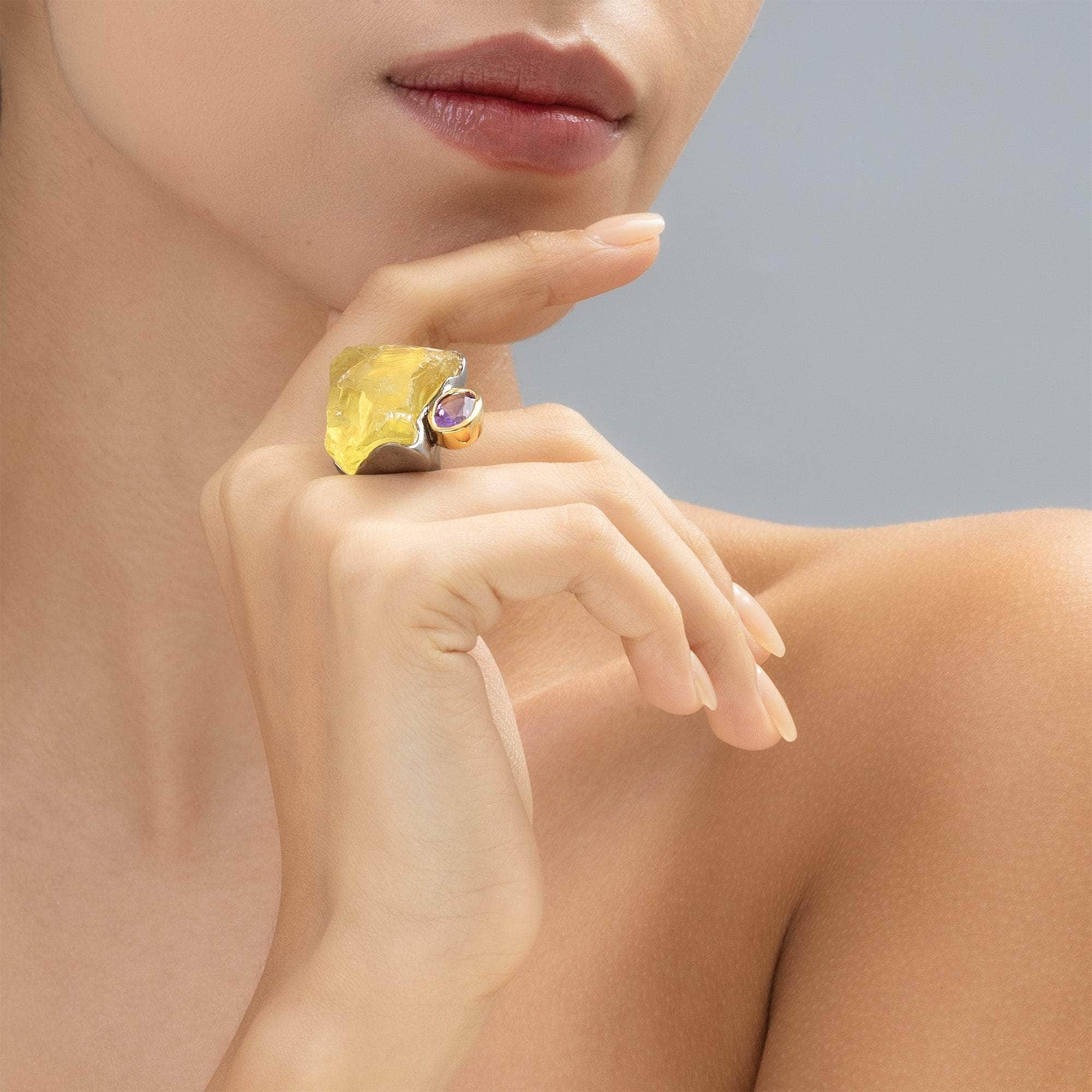 Mimosa Singular Statement Ring with Natural Raw Lemon Quartz & Oval Amethyst