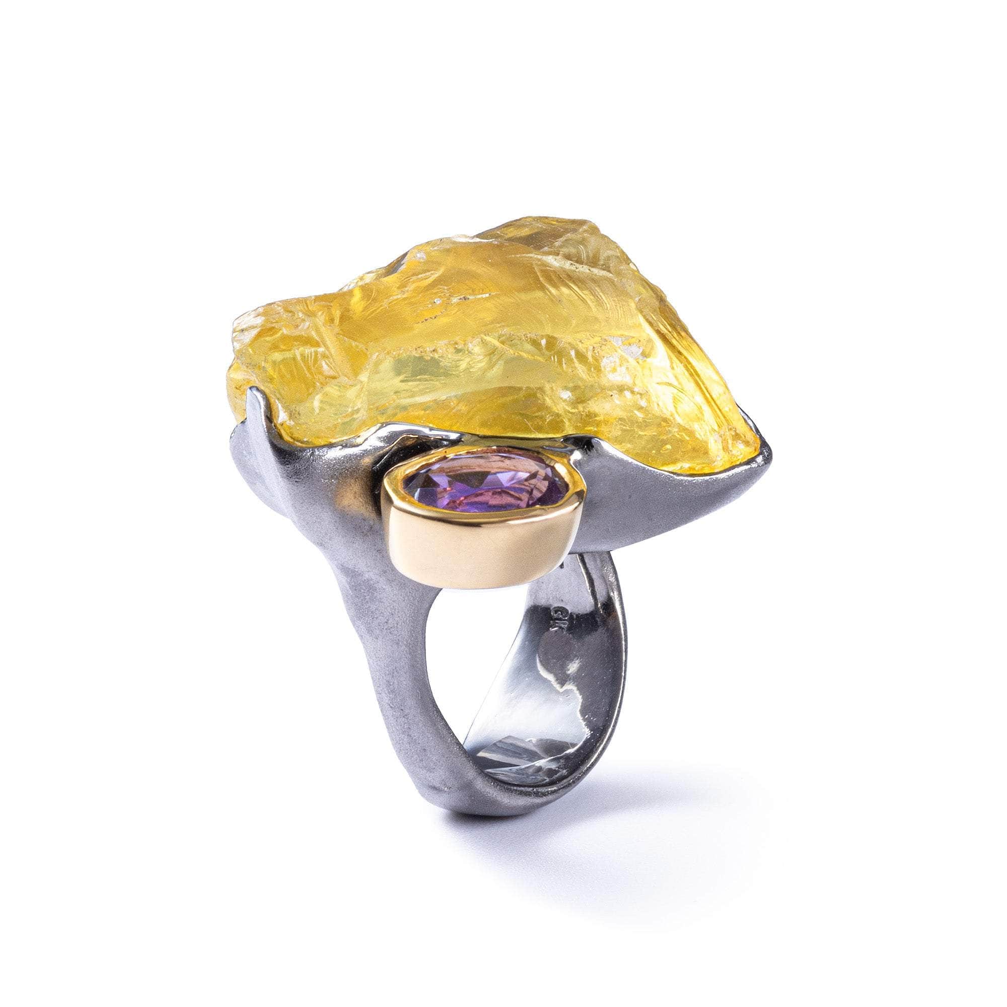 Mimosa Singular Statement Ring with Natural Raw Lemon Quartz & Oval Amethyst