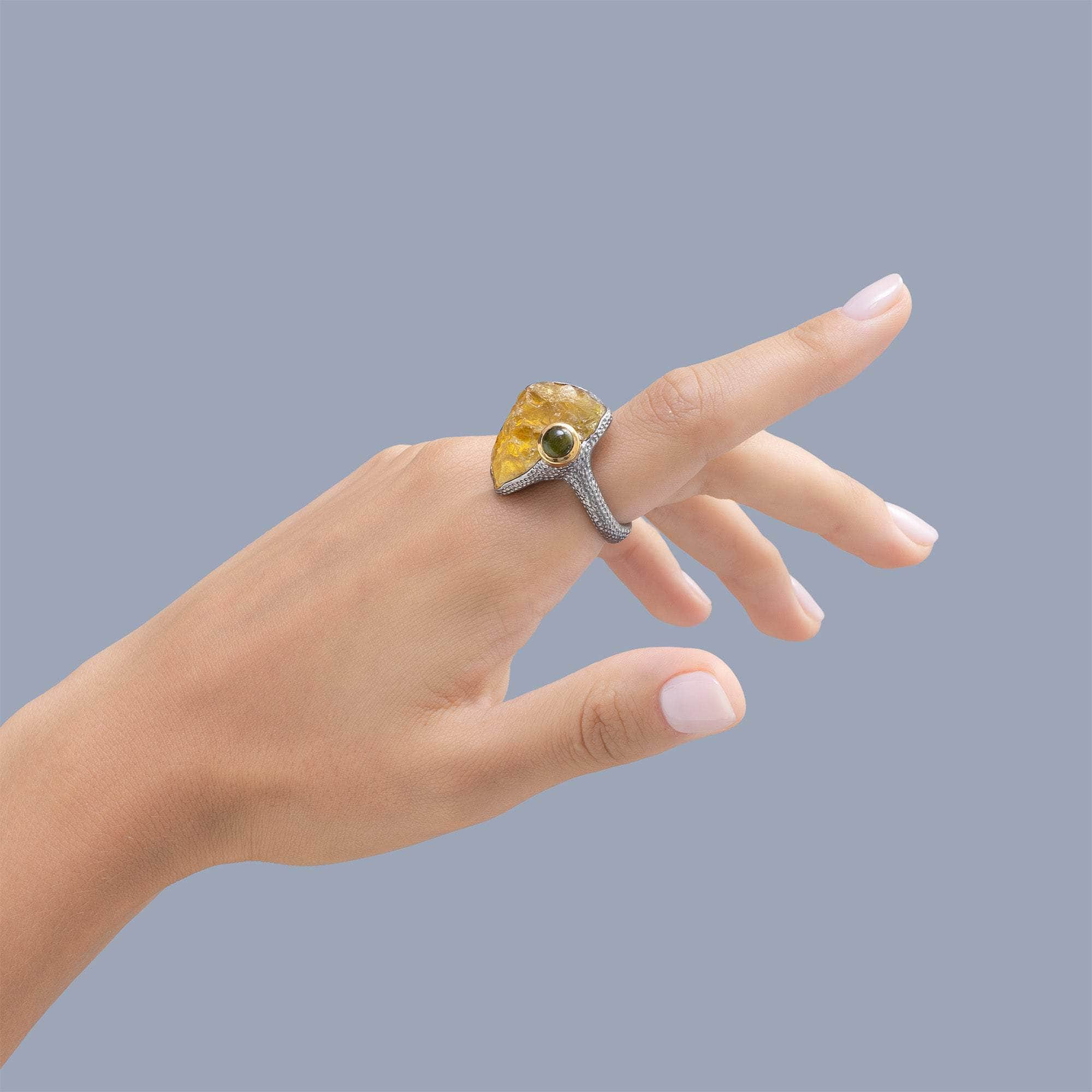 Phact Singular Edition Designer Silver Ring with Rough Lemon Quartz & Green Tourmaline