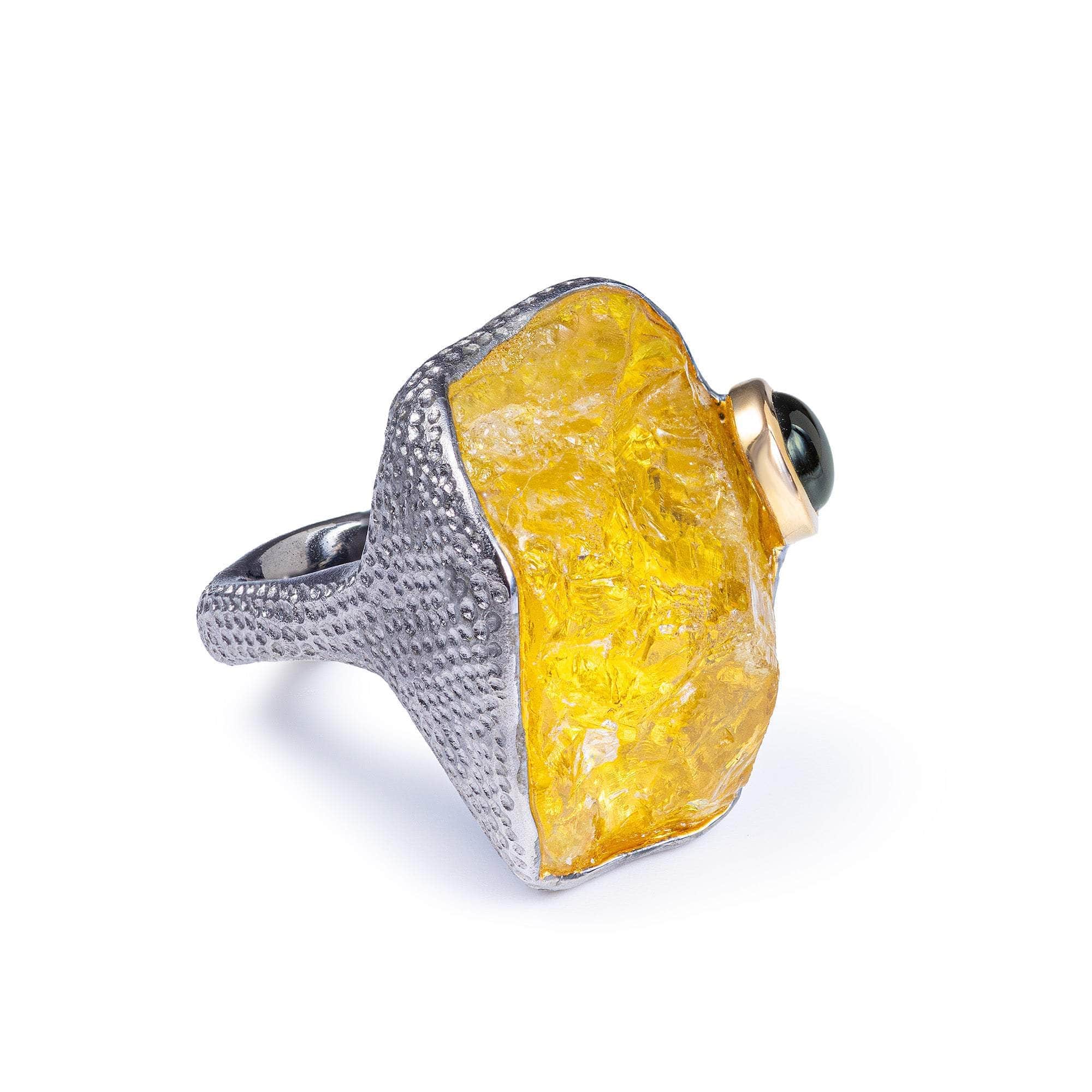 Phact Singular Edition Designer Silver Ring with Rough Lemon Quartz & Green Tourmaline