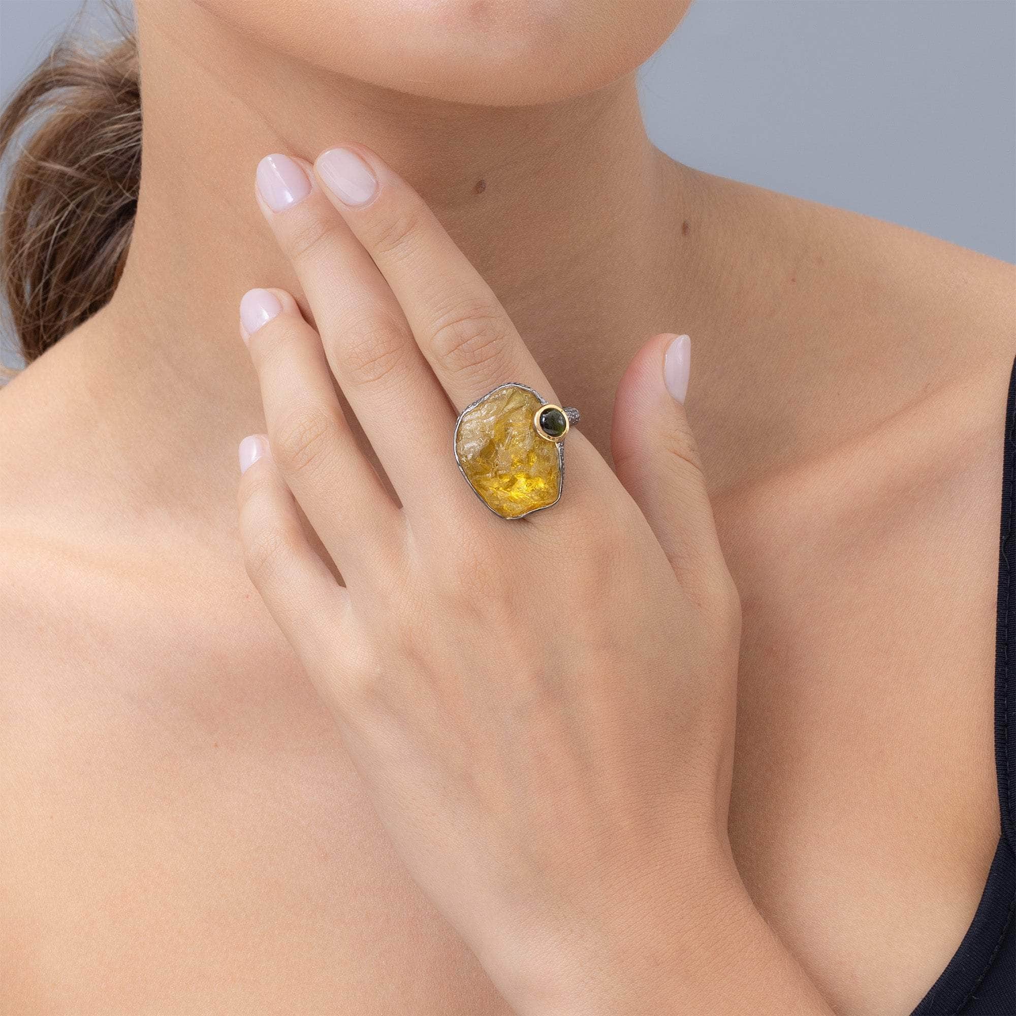 Phact Singular Edition Designer Silver Ring with Rough Lemon Quartz & Green Tourmaline