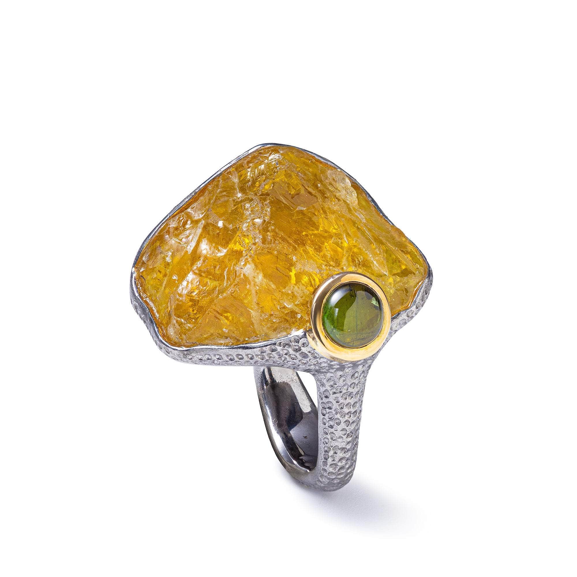 Phact Singular Edition Designer Silver Ring with Rough Lemon Quartz & Green Tourmaline