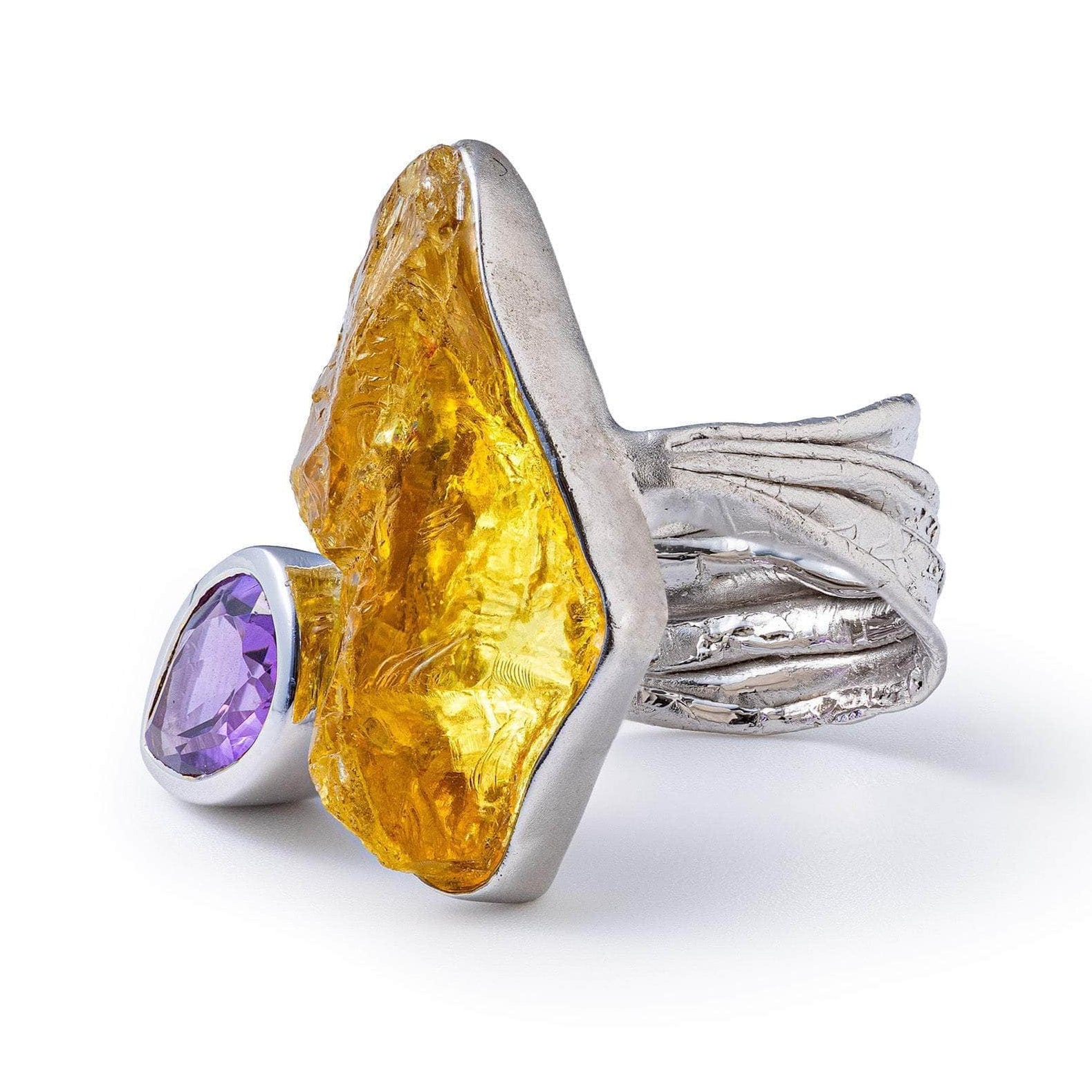 Hamal Singular Edition Statement SIlver Ring with Rough Lemon Quartz & Amethyst Ring