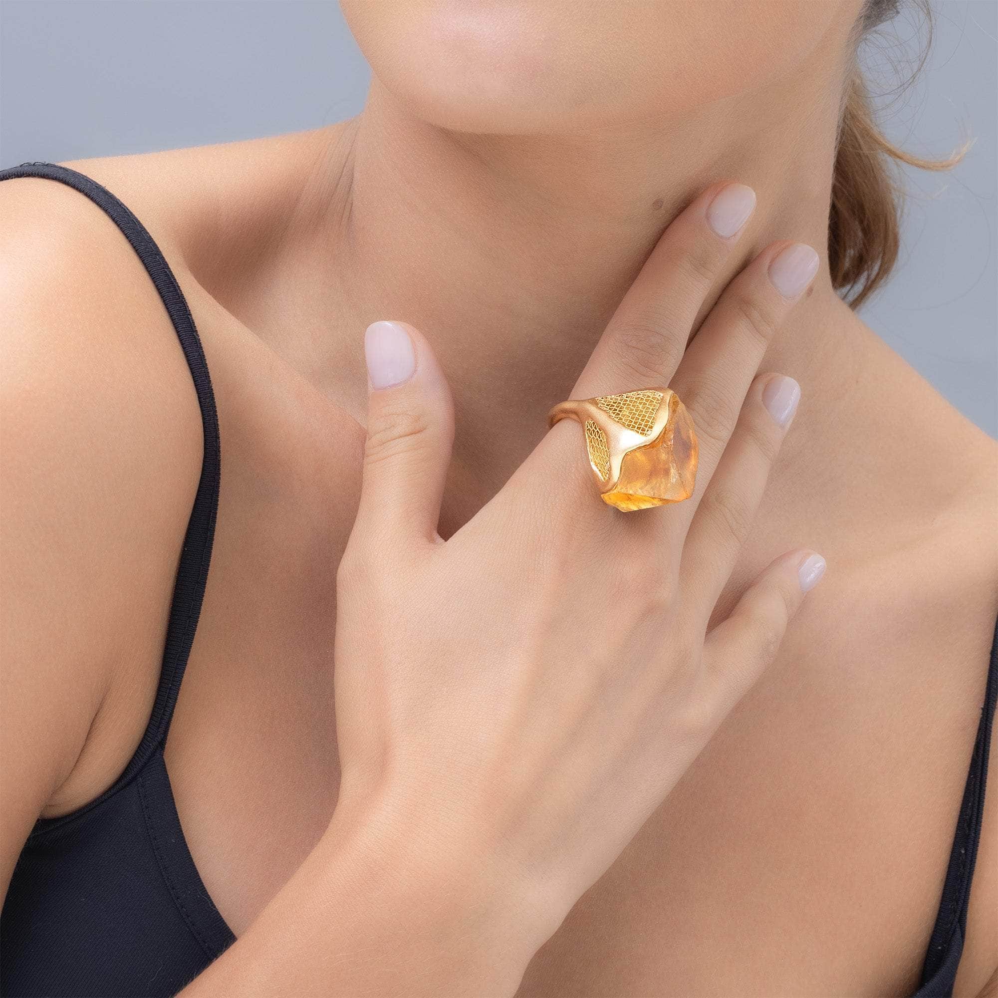 Errai Singular Statement Ring with Natural Rough Citrine in Gold-Plated Silver