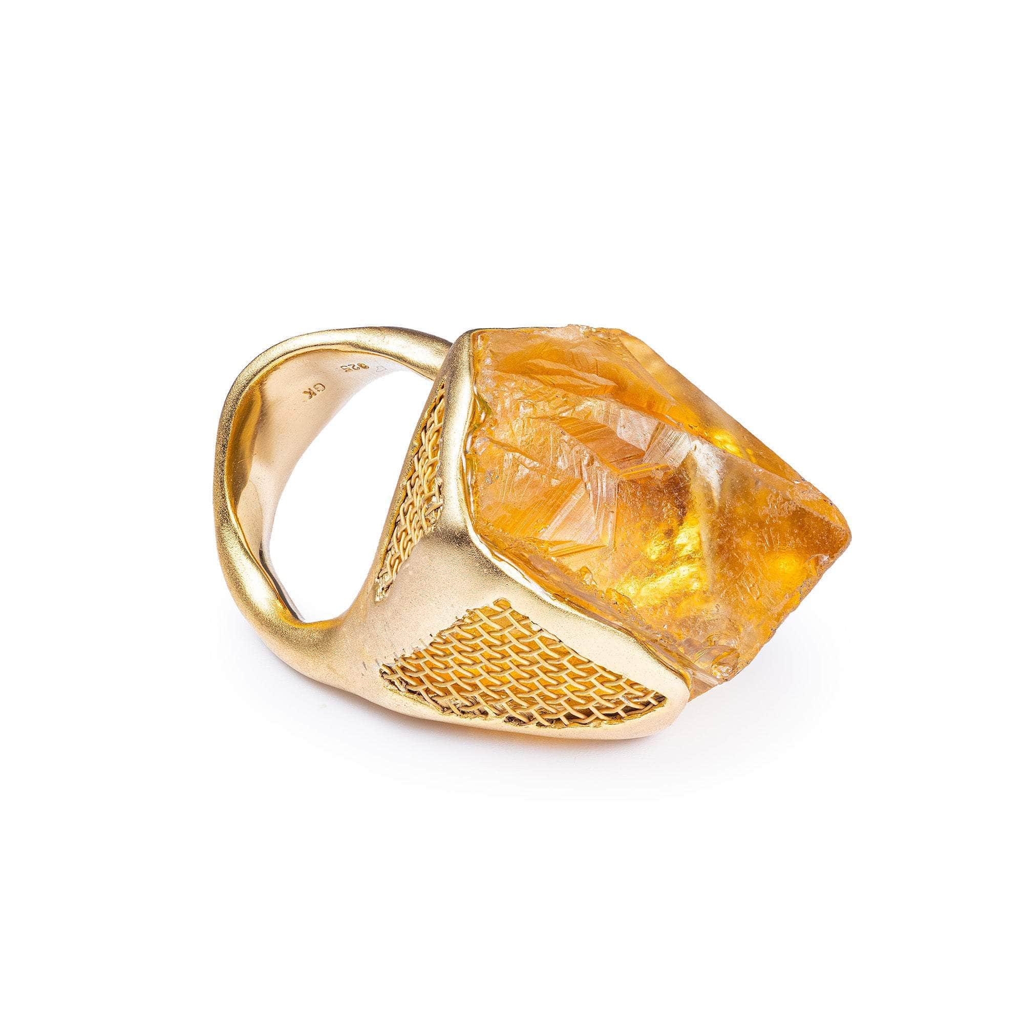 Errai Singular Statement Ring with Natural Rough Citrine in Gold-Plated Silver