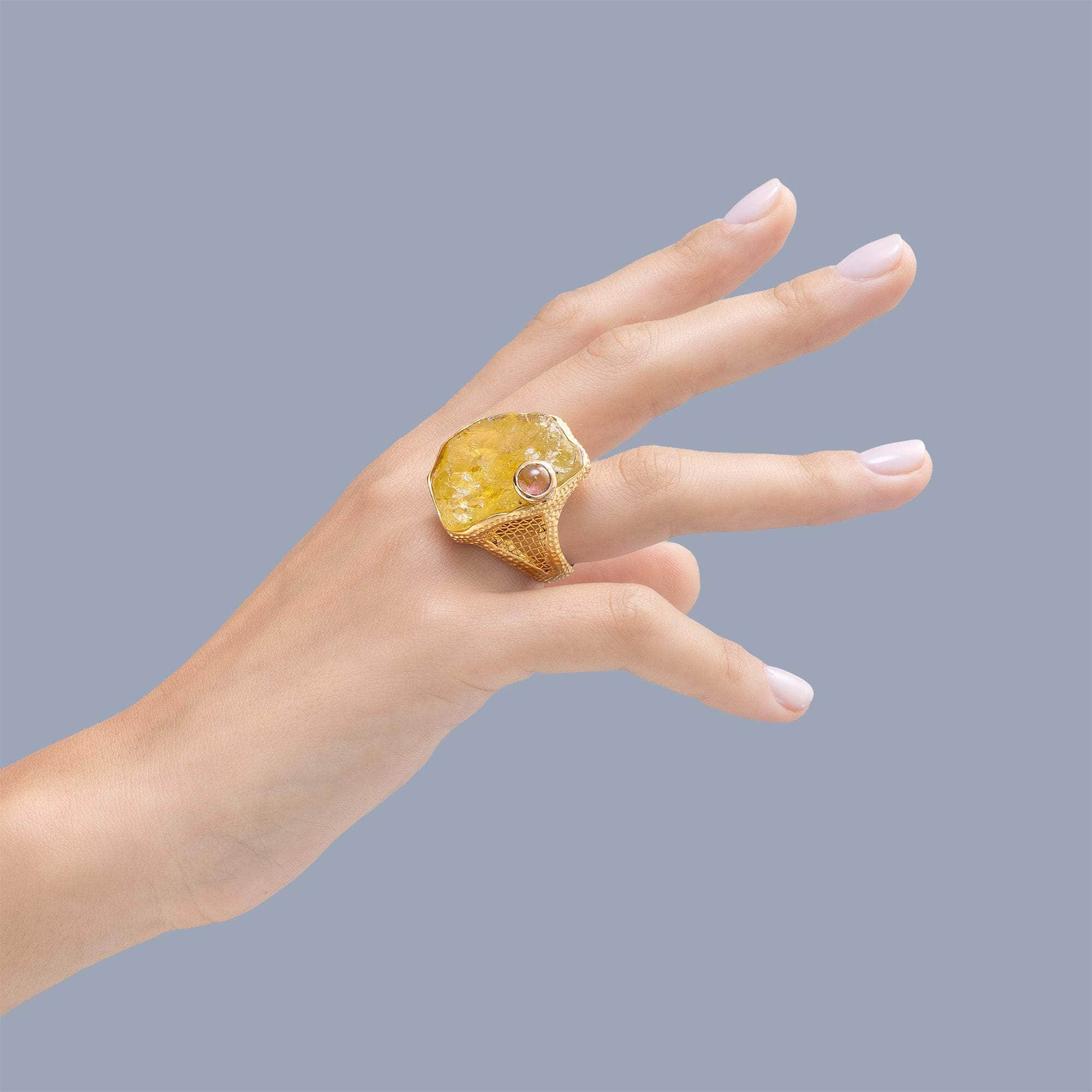 Atik Statement Ring with  Rough Lemon Quartz & Tourmaline in Gold-Plated Silver with Titanium Mesh Patches