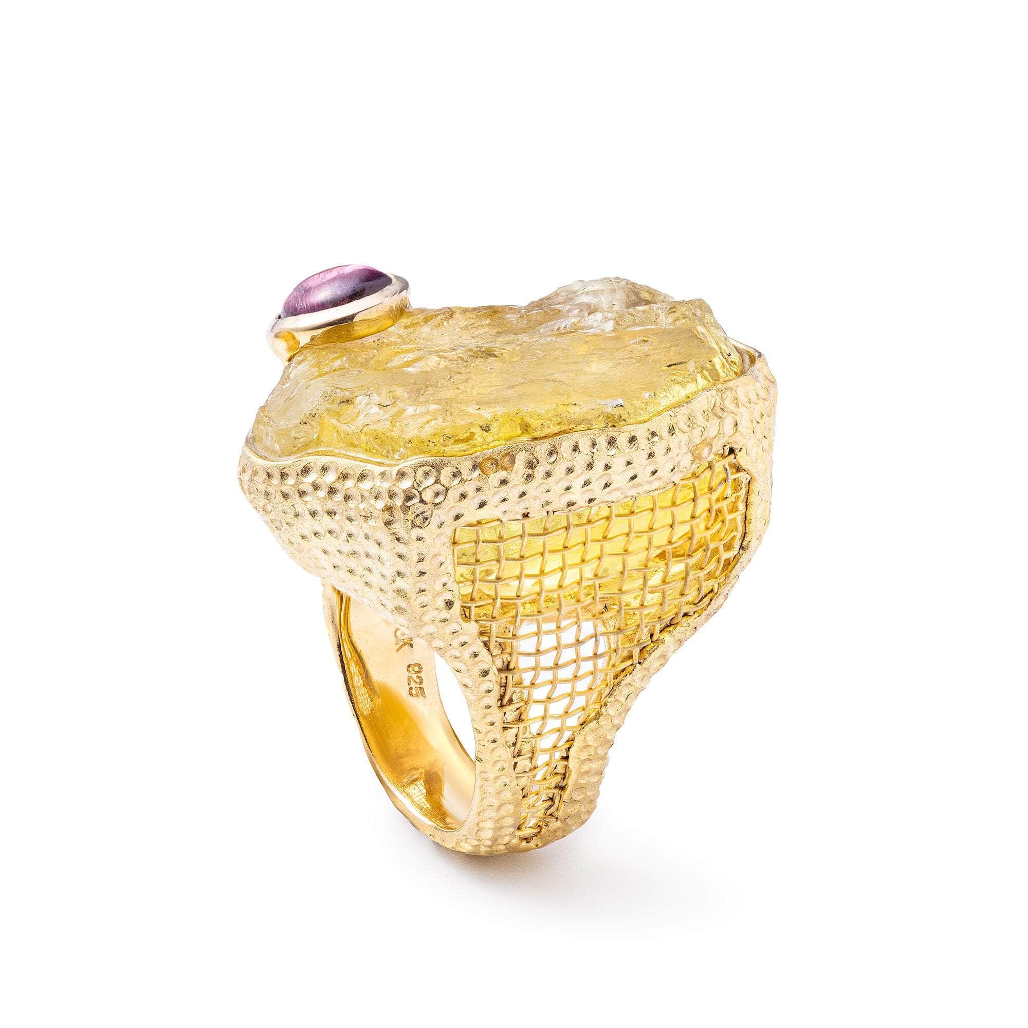 Atik Statement Ring with  Rough Lemon Quartz & Tourmaline in Gold-Plated Silver with Titanium Mesh Patches