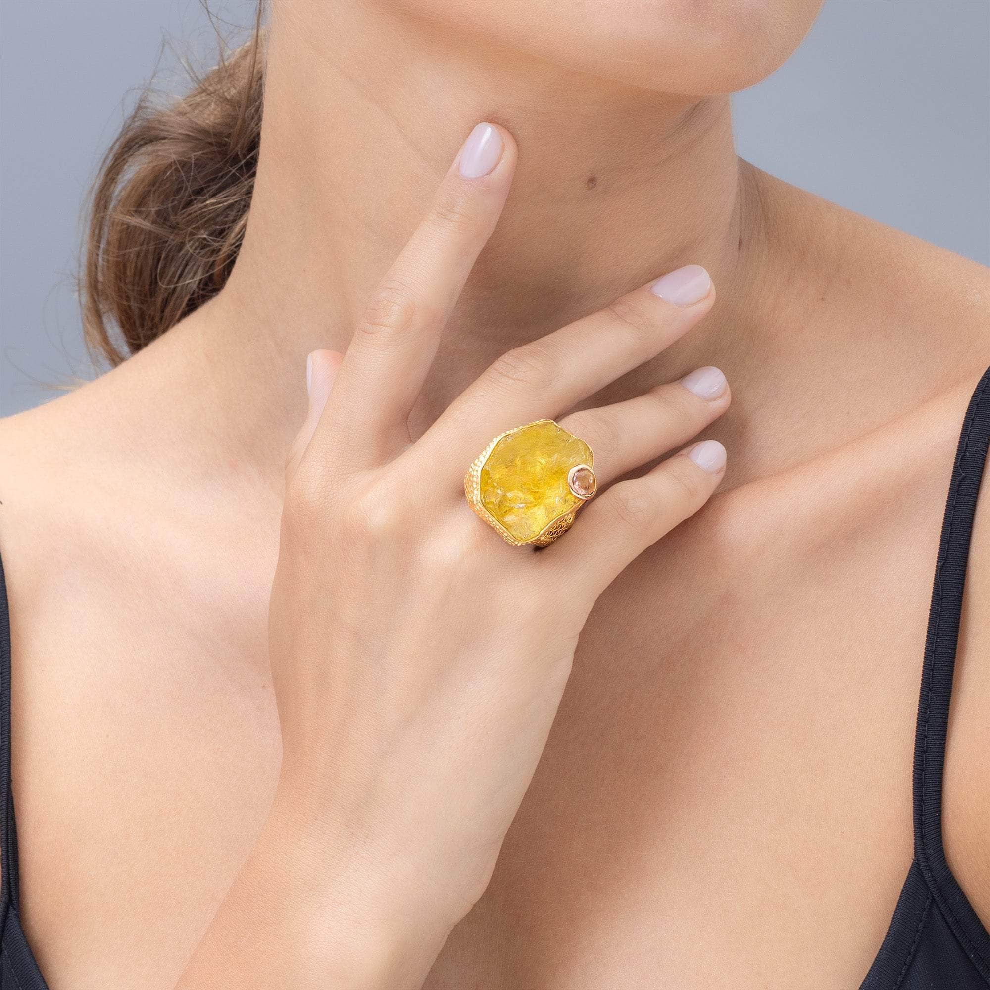 Atik Statement Ring with  Rough Lemon Quartz & Tourmaline in Gold-Plated Silver with Titanium Mesh Patches