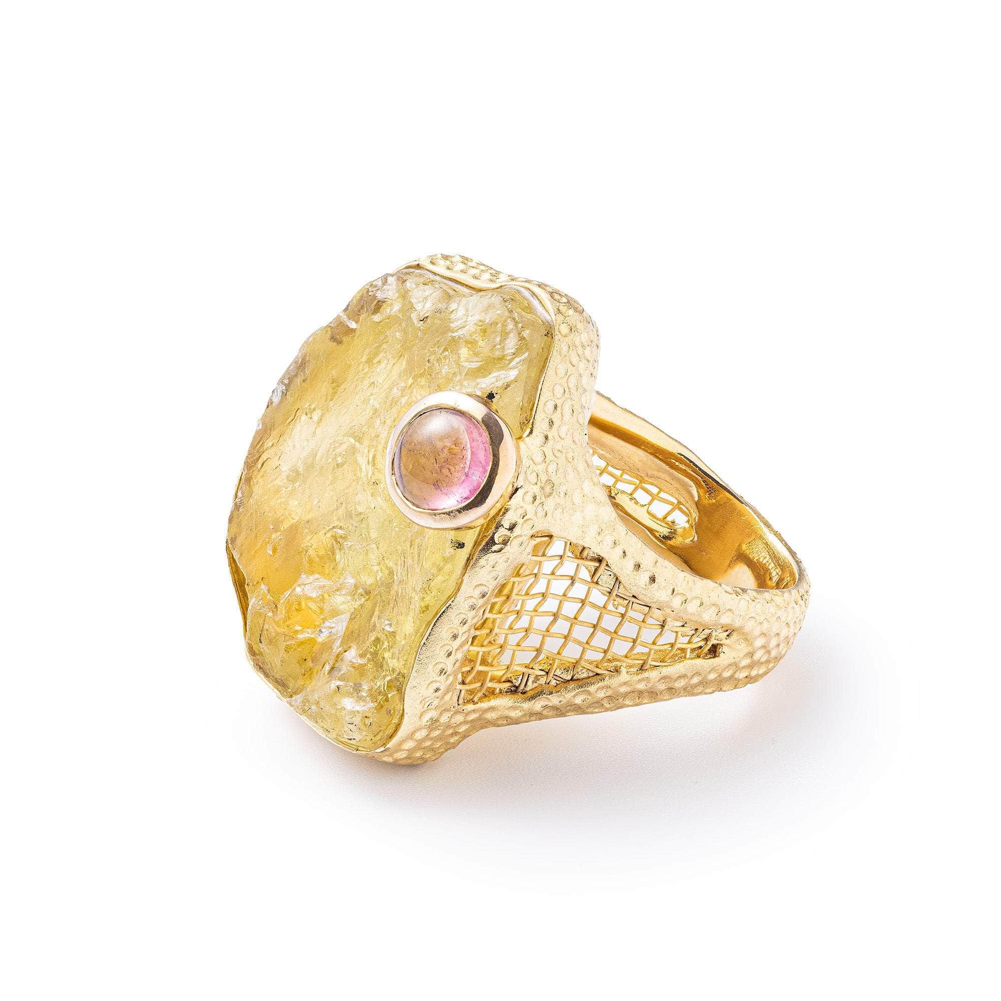 Atik Statement Ring with  Rough Lemon Quartz & Tourmaline in Gold-Plated Silver with Titanium Mesh Patches