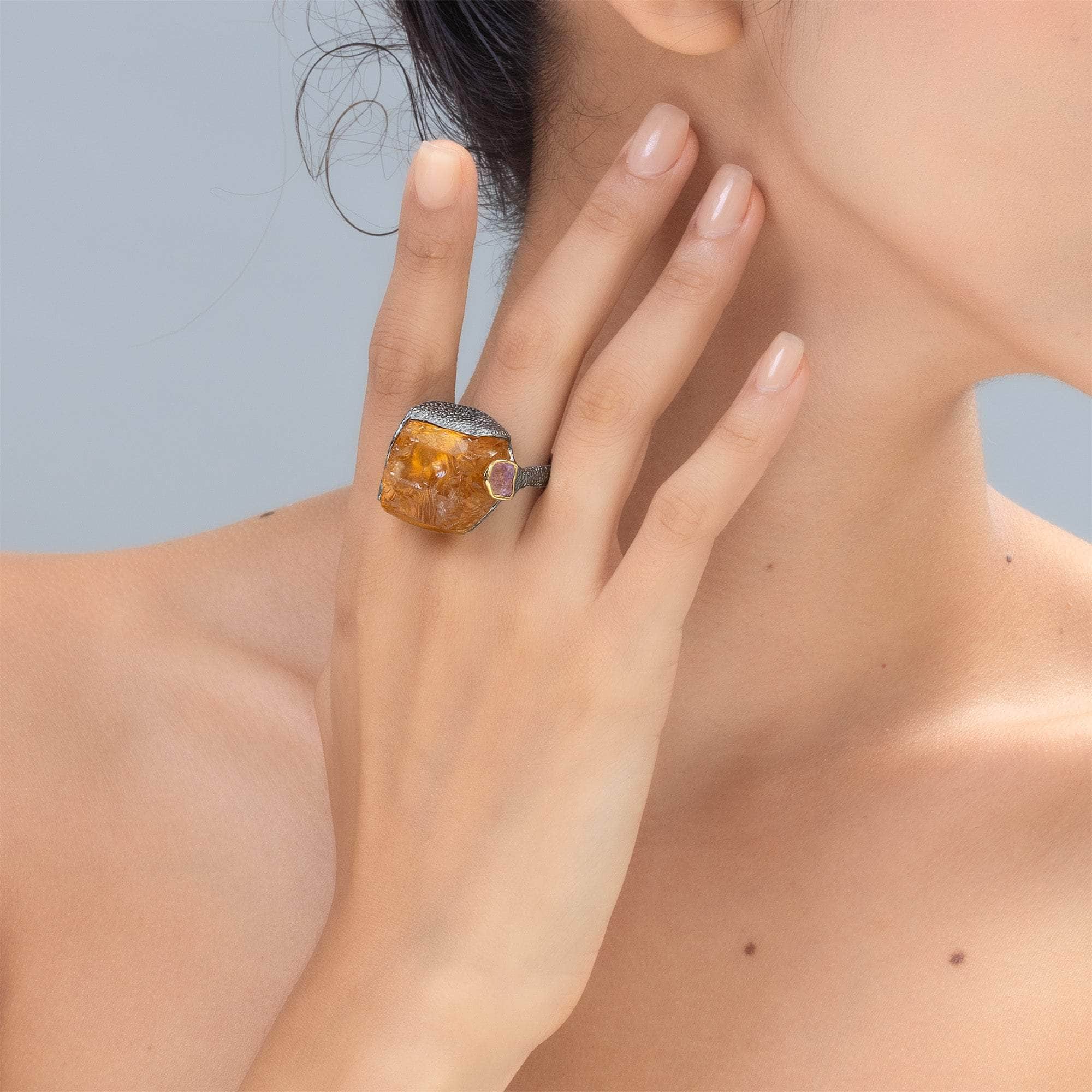 Ascella Rough Citrine and Sapphire Ring