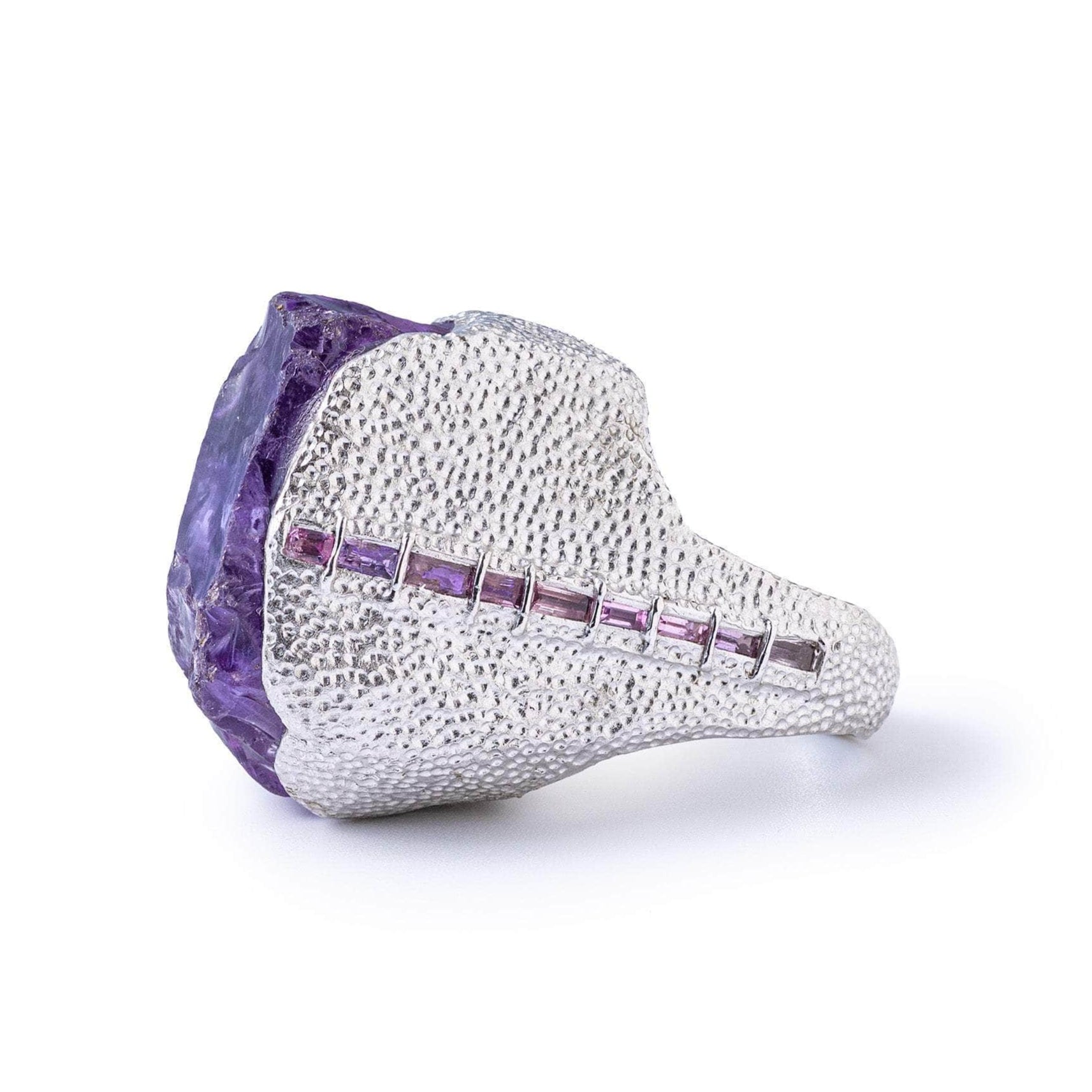 Taygeta Singular Statement Silver Ring with Natural Rough Amethyst & Sapphire