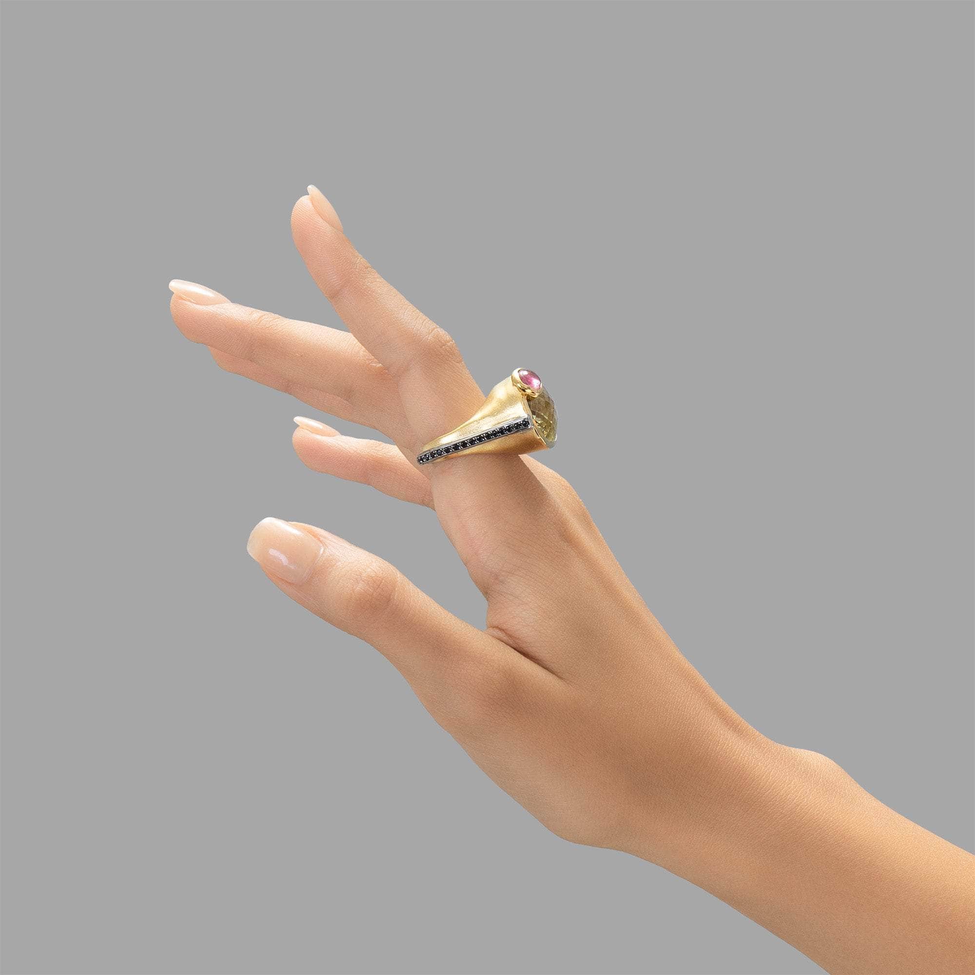 Proxima Handcrafted Singular Edition Gold-Plated Silver Ring with Lemon Quartz & Tourmaline