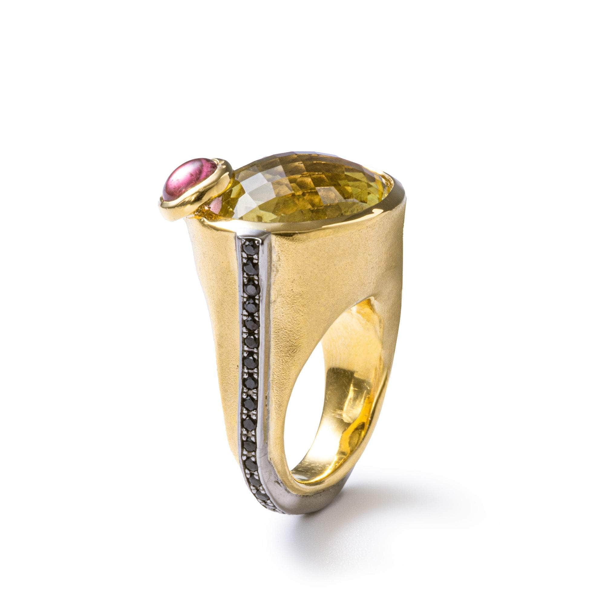 Proxima Handcrafted Singular Edition Gold-Plated Silver Ring with Lemon Quartz & Tourmaline