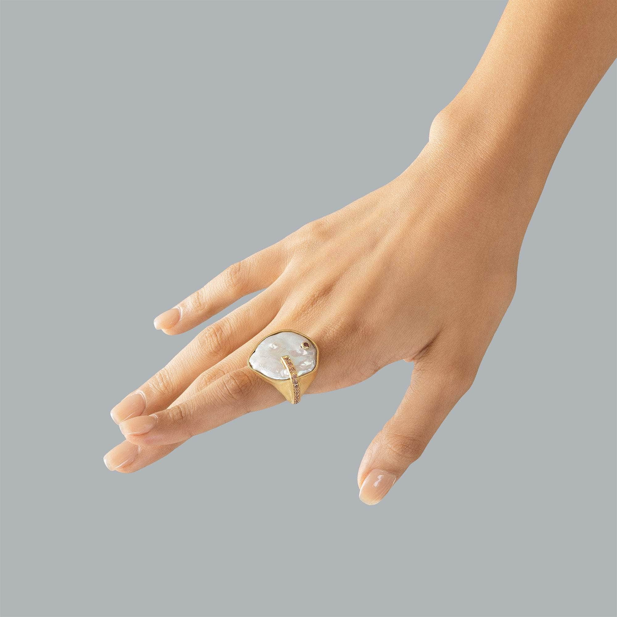 Vega Handmade Gold-Plated Silver Ring with Baroque Pearl & Sapphire
