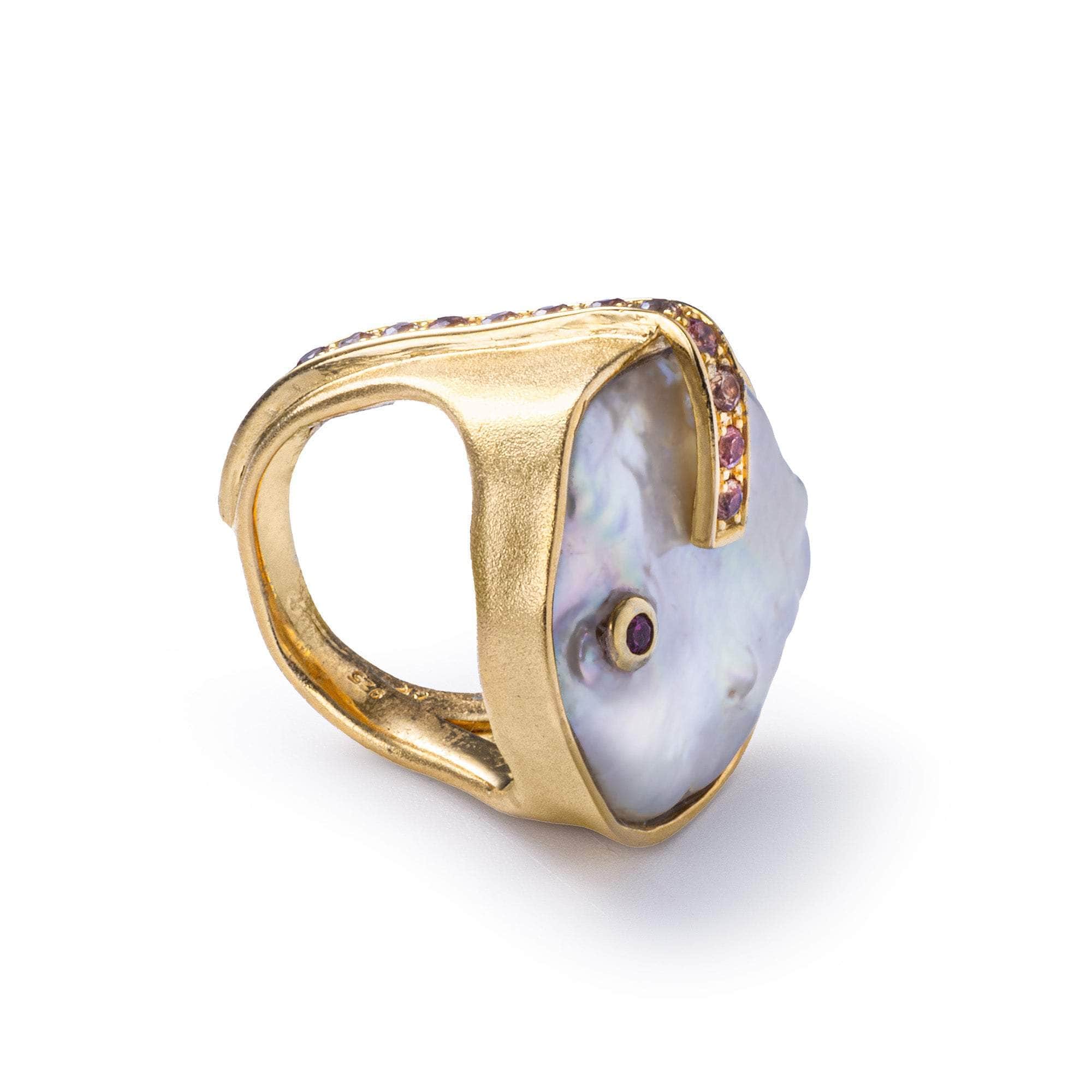 Vega Handmade Gold-Plated Silver Ring with Baroque Pearl & Sapphire