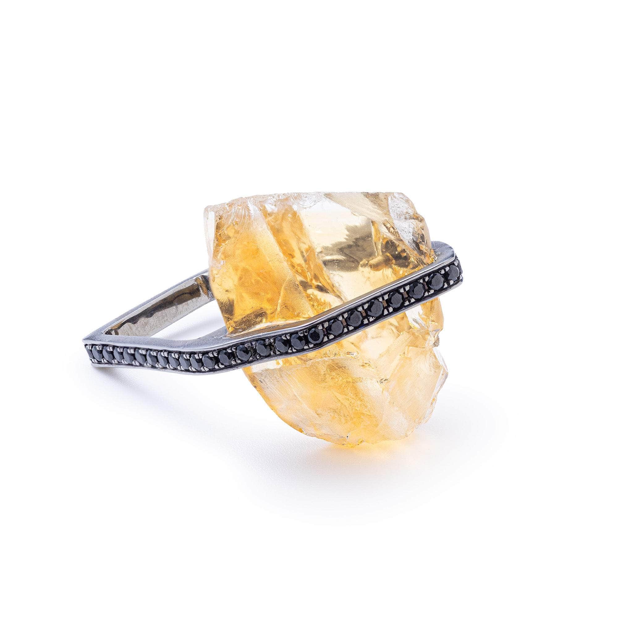 Shaula Chunky Rough Citrine and Black Spinel Ring in 925 Sterling Silver Plated with Black Ruthenium