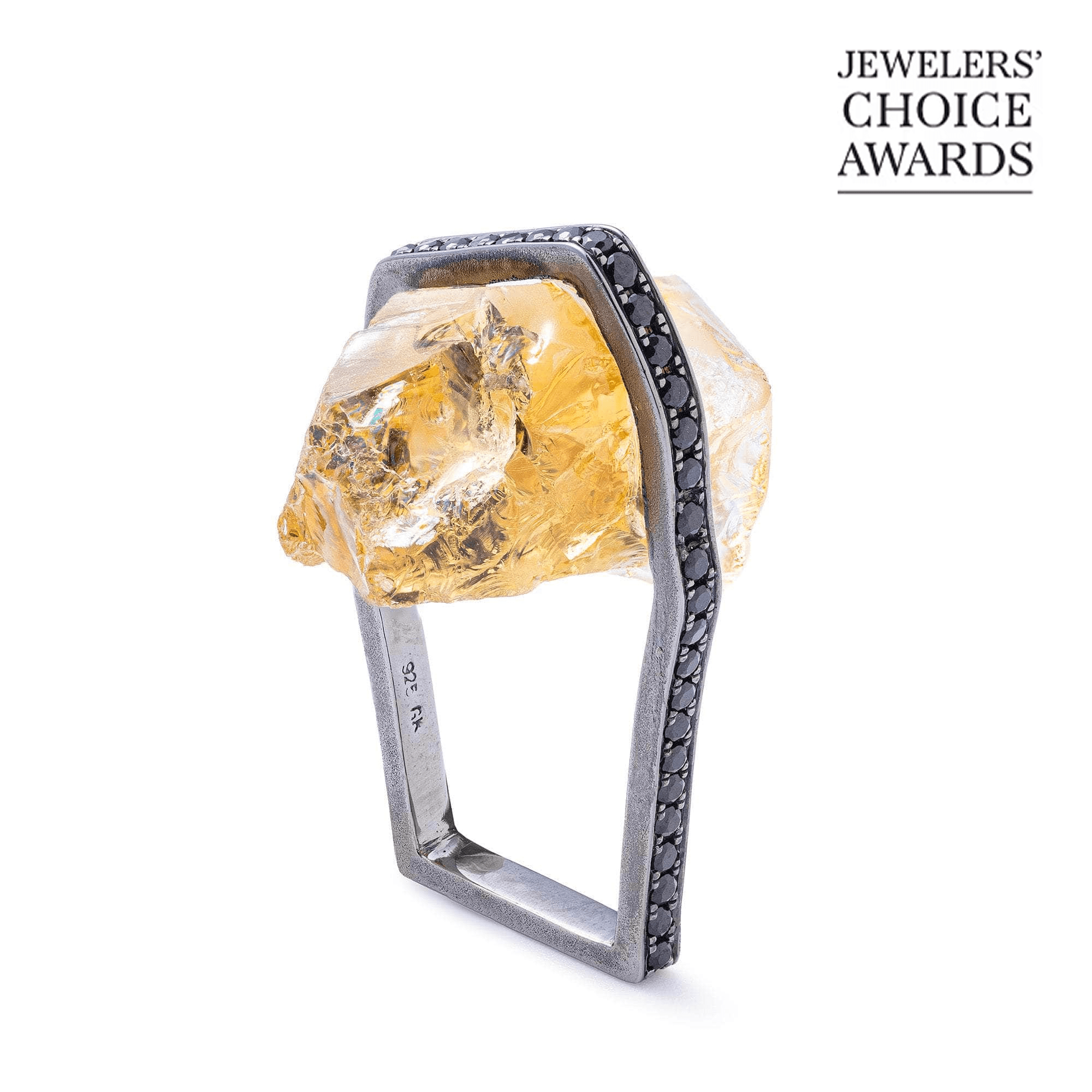 Shaula Chunky Rough Citrine and Black Spinel Ring in 925 Sterling Silver Plated with Black Ruthenium