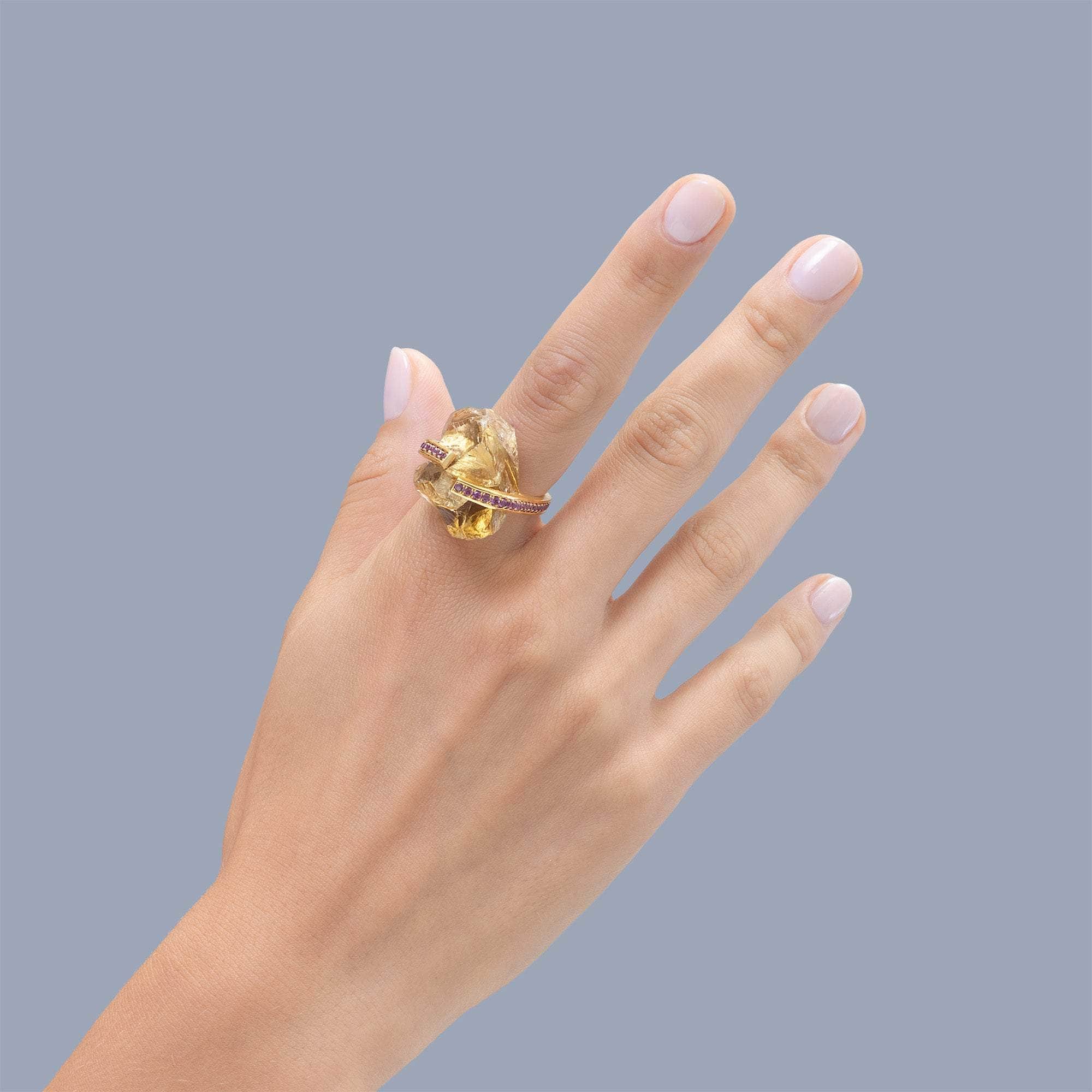 Caph Rough Citrine and Rhodolite Ring