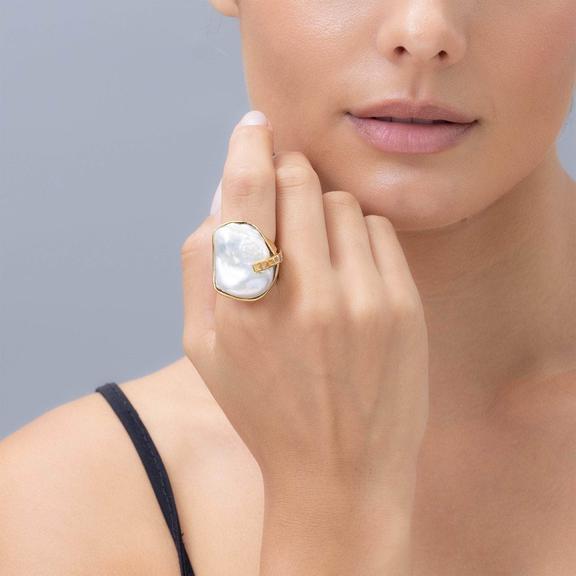Alnair Free Shape Baroque Pearl and Sapphire Ring in 18K Gold-Plated Sterling Silver