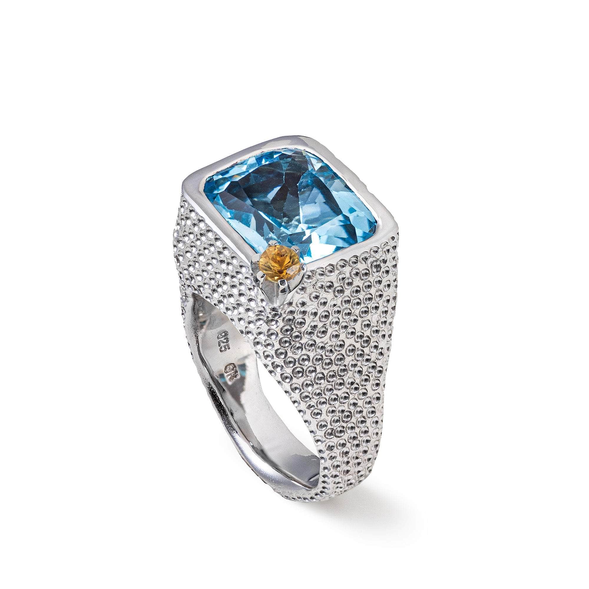 Iota Textured 925 Silver Ring with Octagon-Cut Blue Topaz & Yellow Sapphire