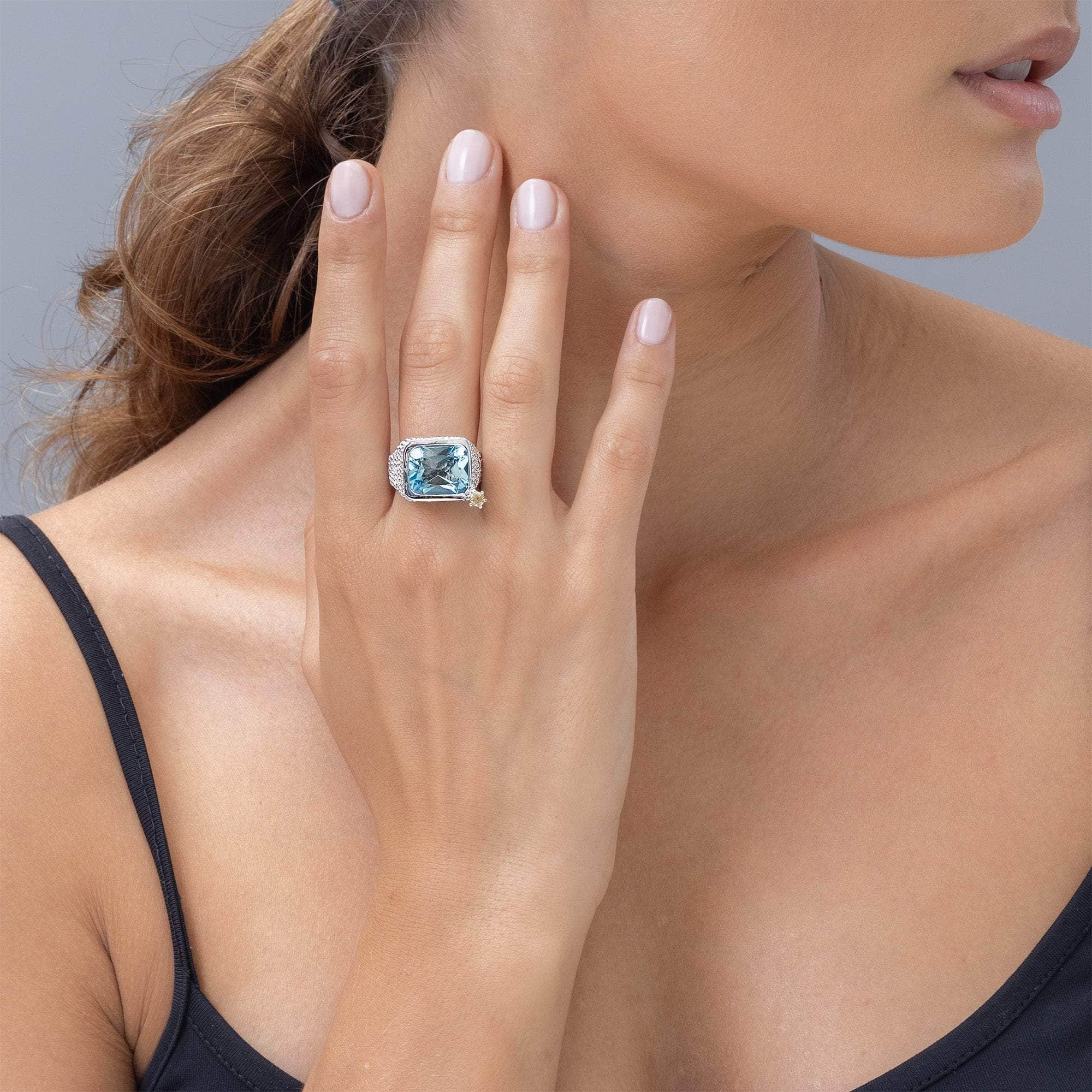 Iota Textured 925 Silver Ring with Octagon-Cut Blue Topaz & Yellow Sapphire