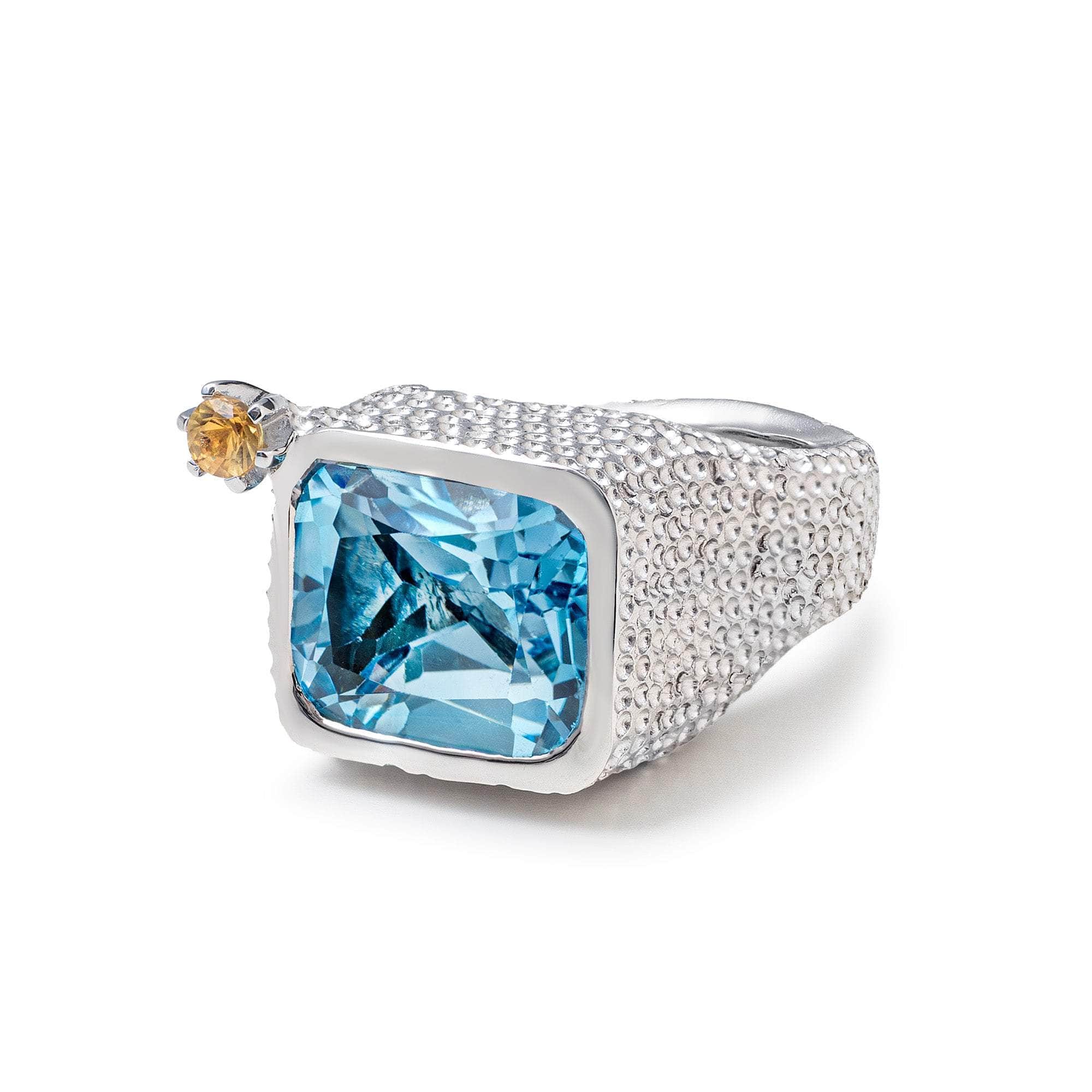 Iota Textured 925 Silver Ring with Octagon-Cut Blue Topaz & Yellow Sapphire