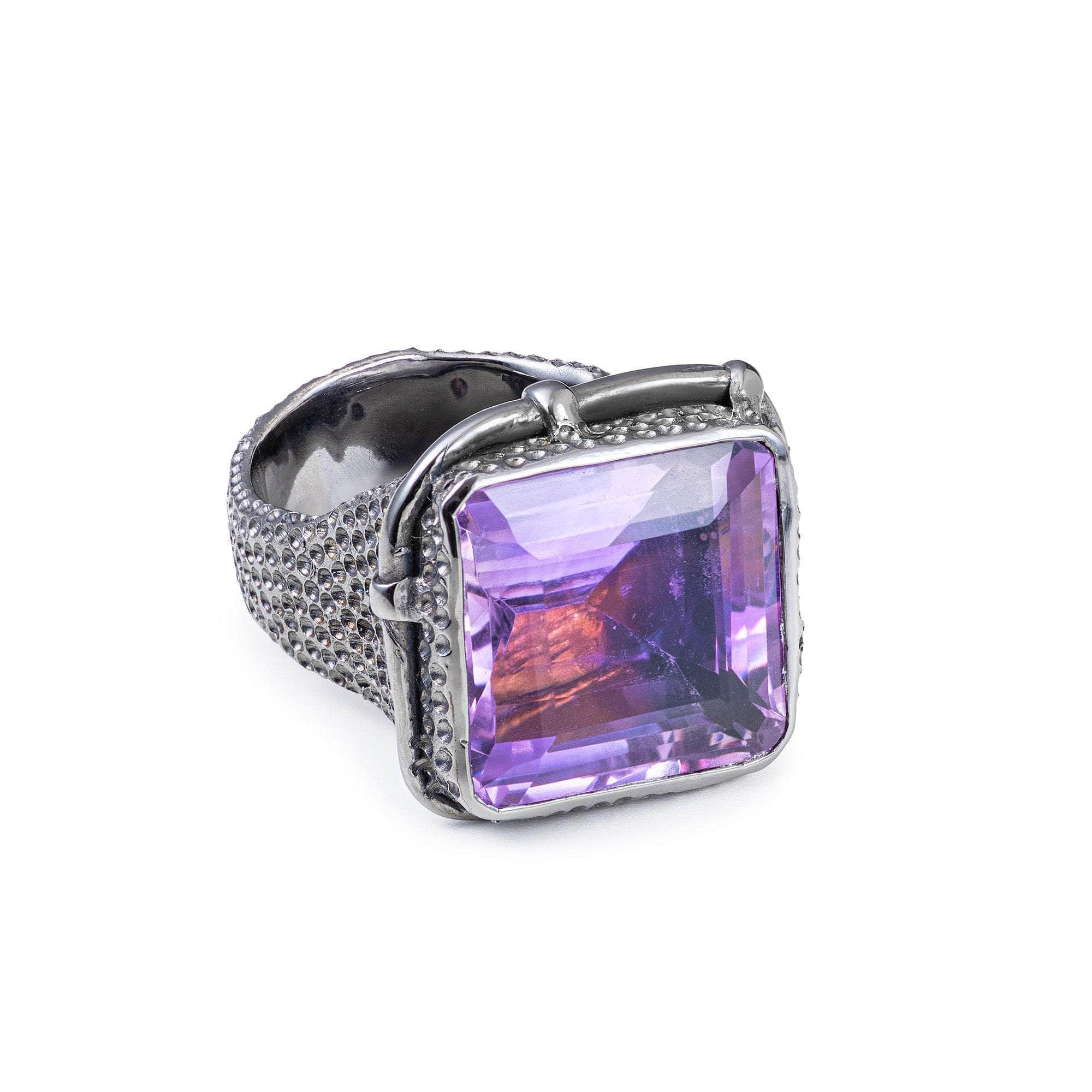 Gomeise Black Silver Ring with Natural Amethyst