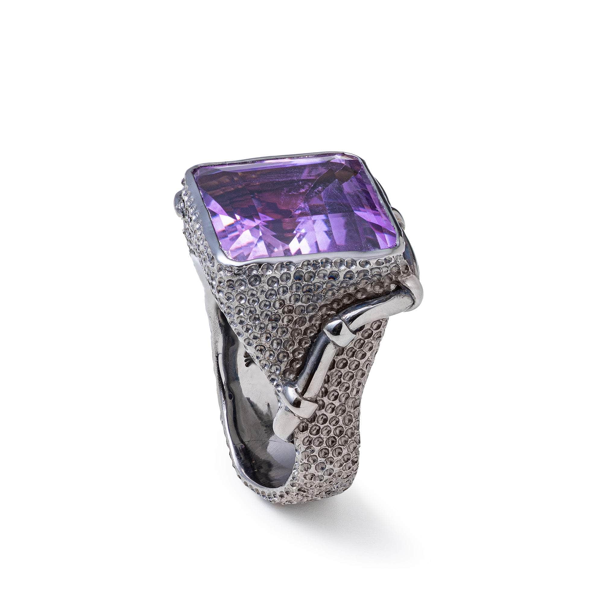 Gomeise Black Silver Ring with Natural Amethyst
