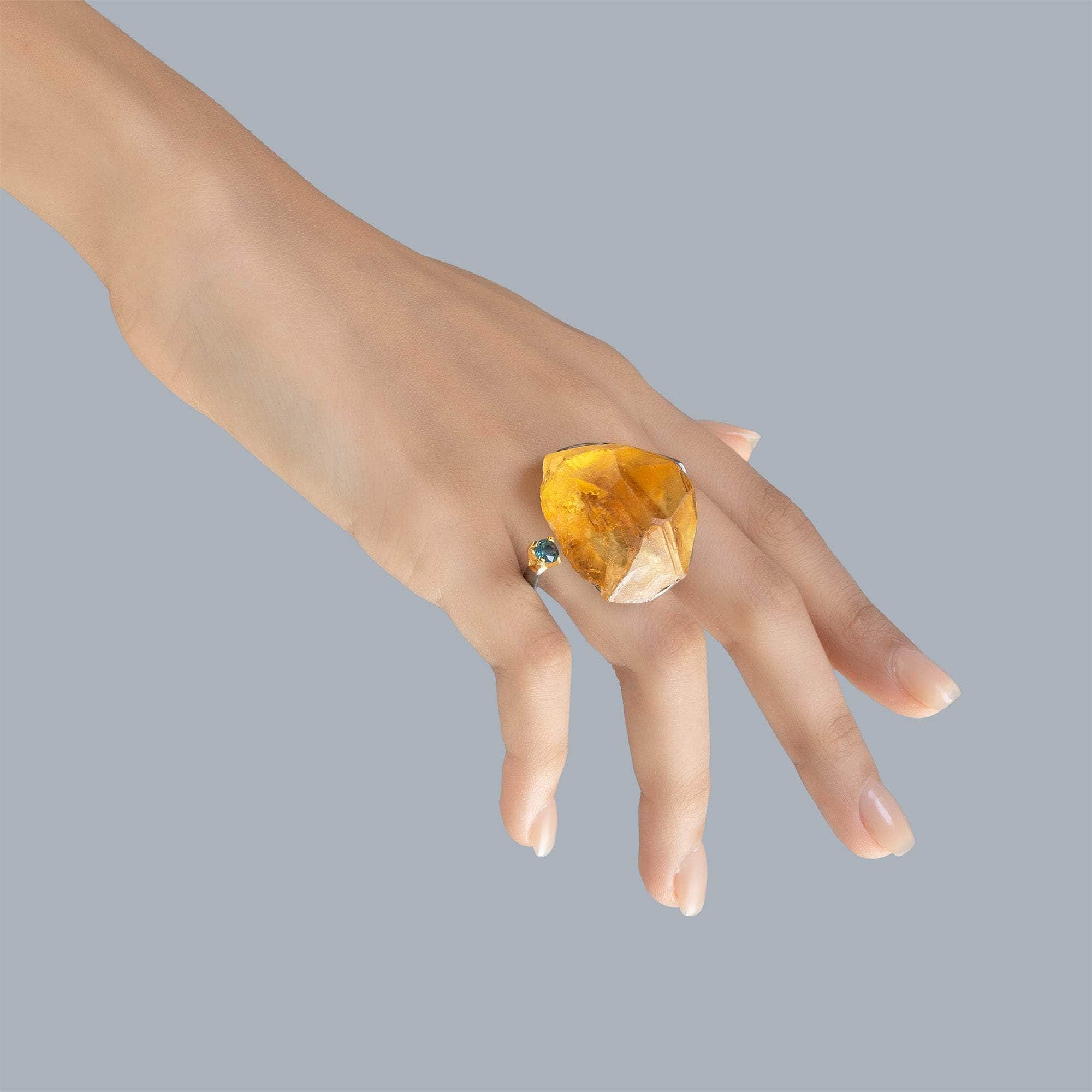 Apata Rough Citrine and Sapphire Ring