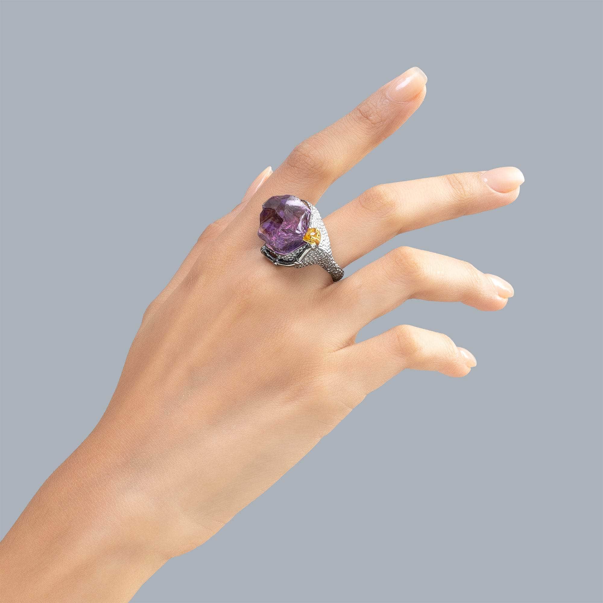 Kayan Exclusive Singular Design Rough Amethyst and Yellow Sapphire Ring