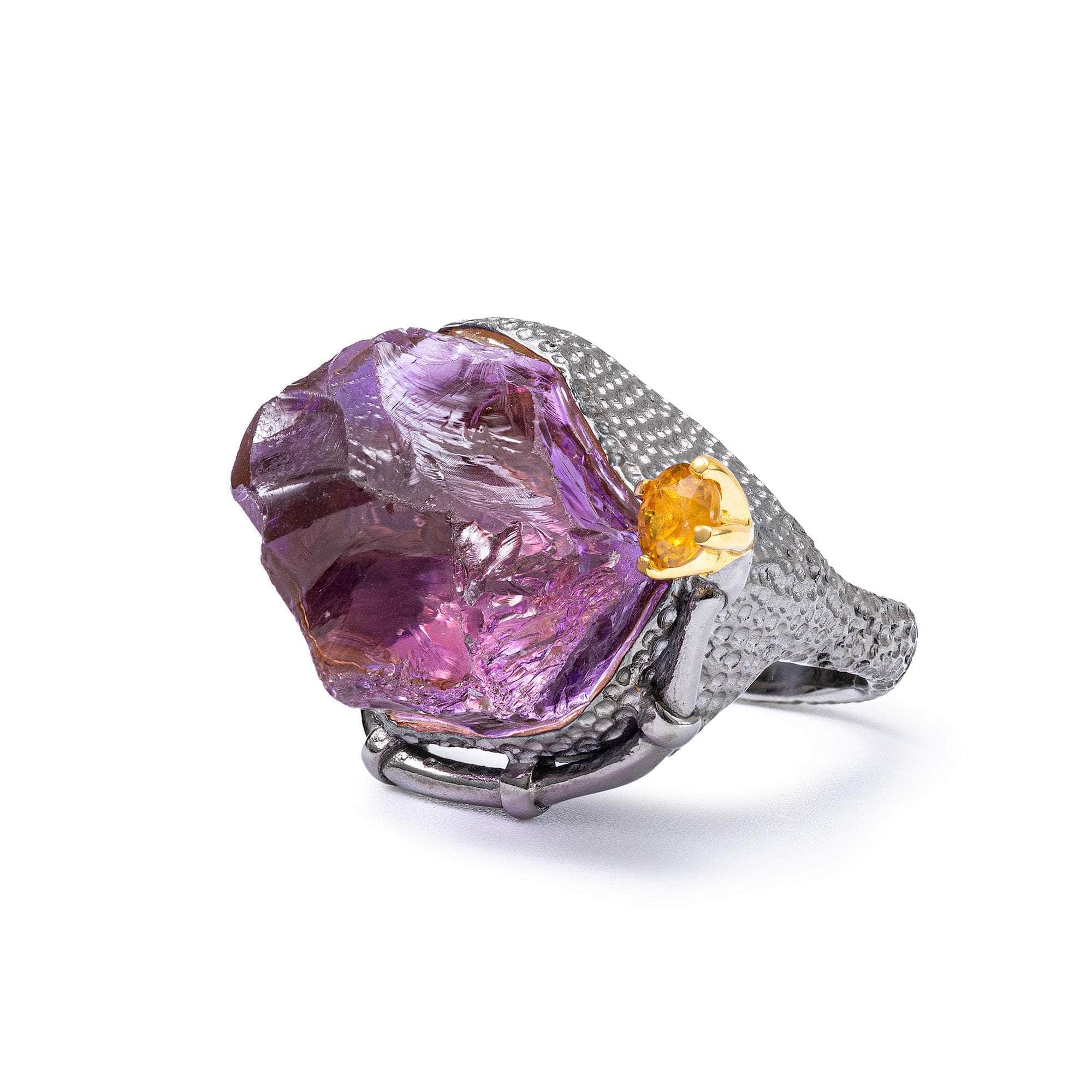 Kayan Exclusive Singular Design Rough Amethyst and Yellow Sapphire Ring