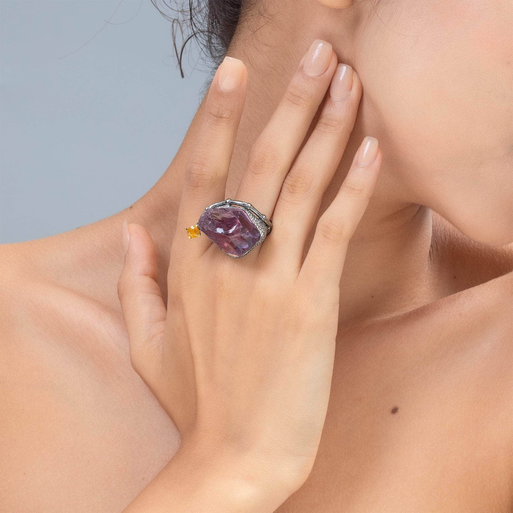 Kayan Exclusive Singular Design Rough Amethyst and Yellow Sapphire Ring