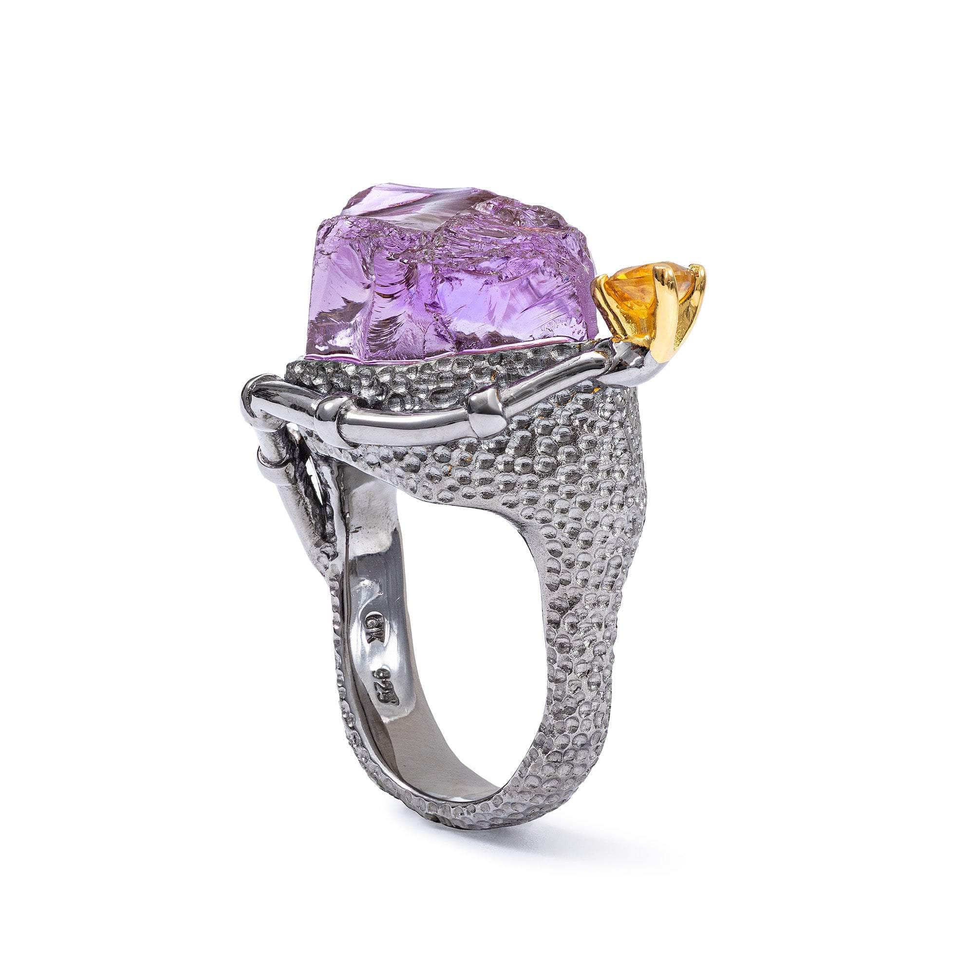 Kayan Exclusive Singular Design Rough Amethyst and Yellow Sapphire Ring