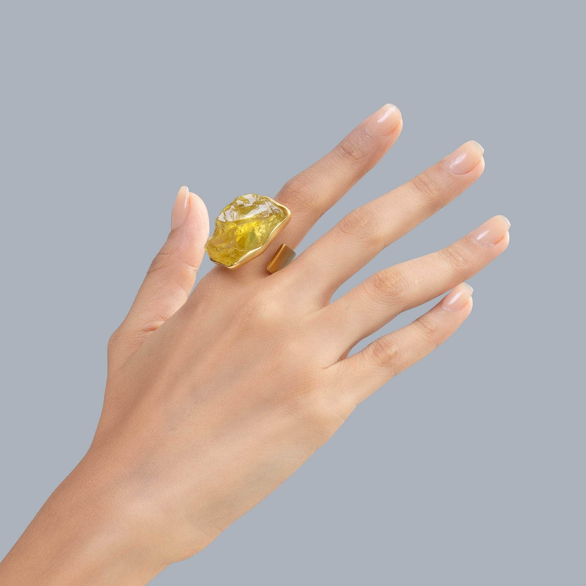 Tosh Exclusive Design 925 Silver Ring with Rough Lemon Quartz & Yellow Sapphire