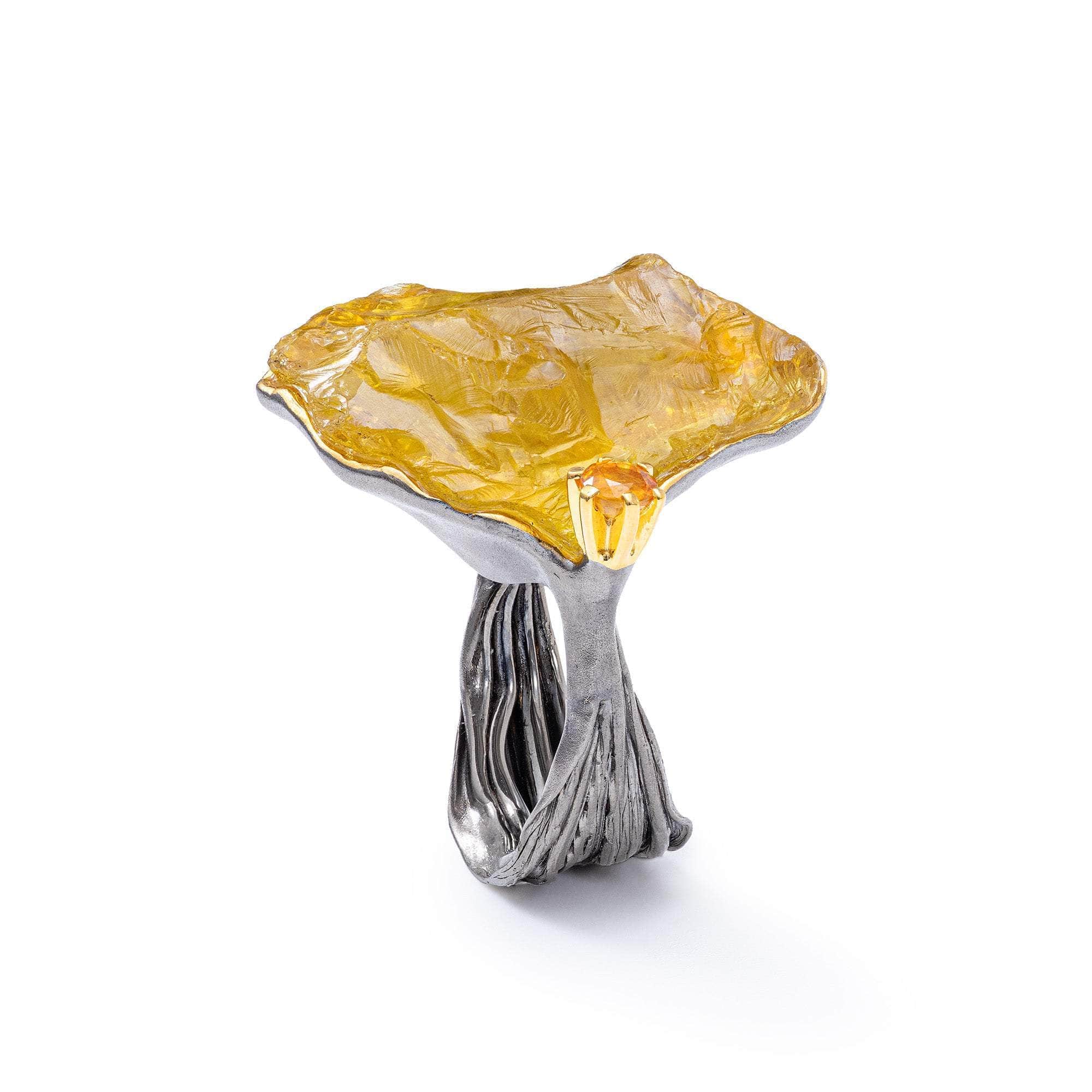 Klettur Singular Design 925 Sterling Silver Ring wtih Rough Lemon Quartz & Yellow Sapphire