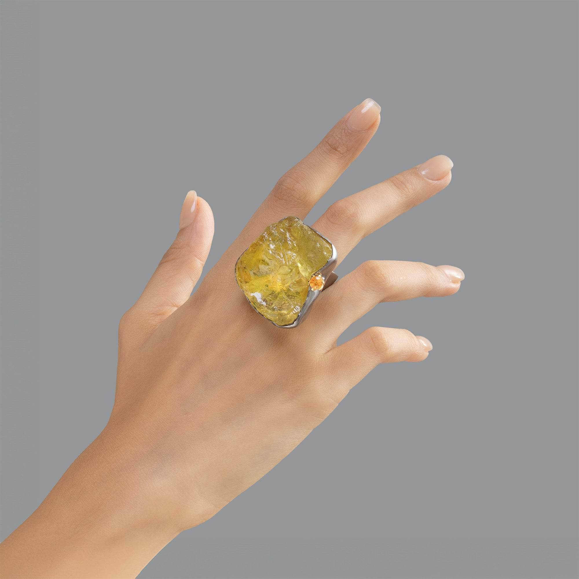 Zon Rough Lemon Quartz and Sapphire Ring